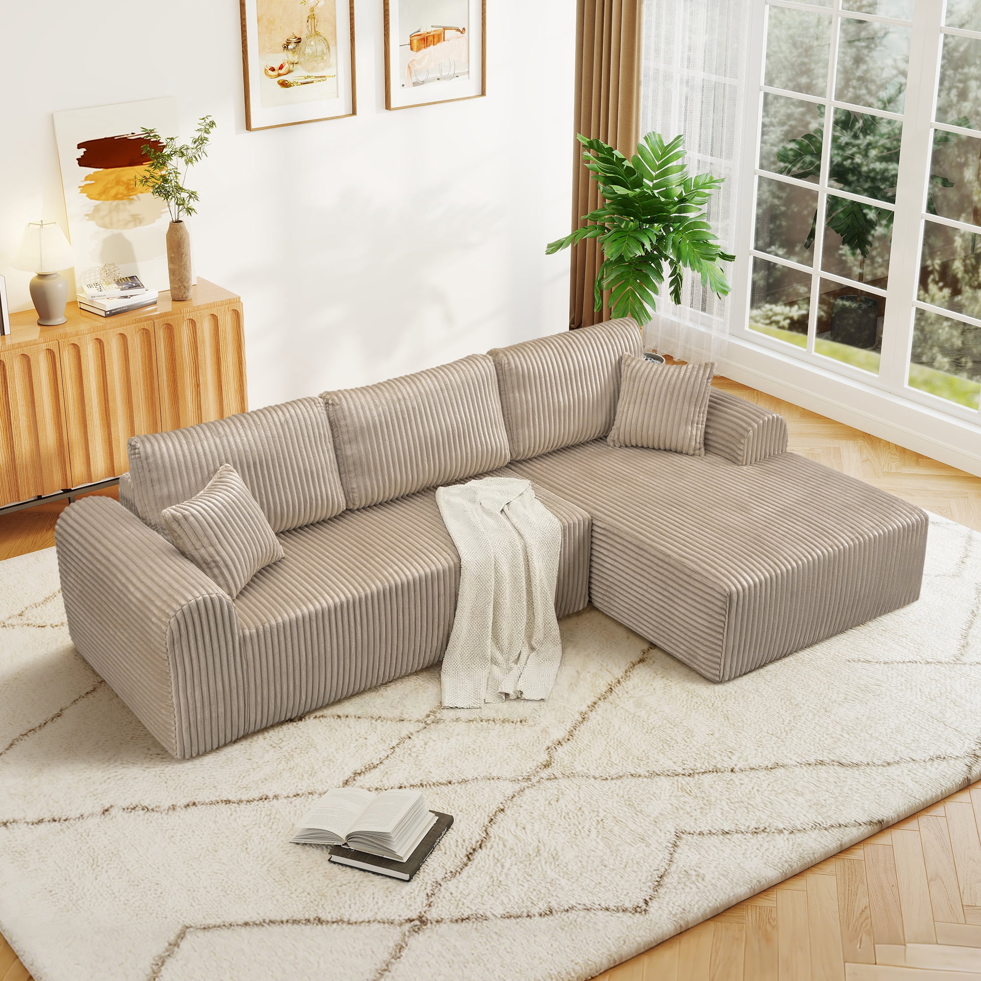 Aukfa 109" Modular Cloud Sectional Sofa with L-Shape Chaise, Corduroy Upholstered Deep Seat Couch, Right Facing Chaise, No Assembly Boneless Sofa for Living Room/Bedroom/Apartment, Camel