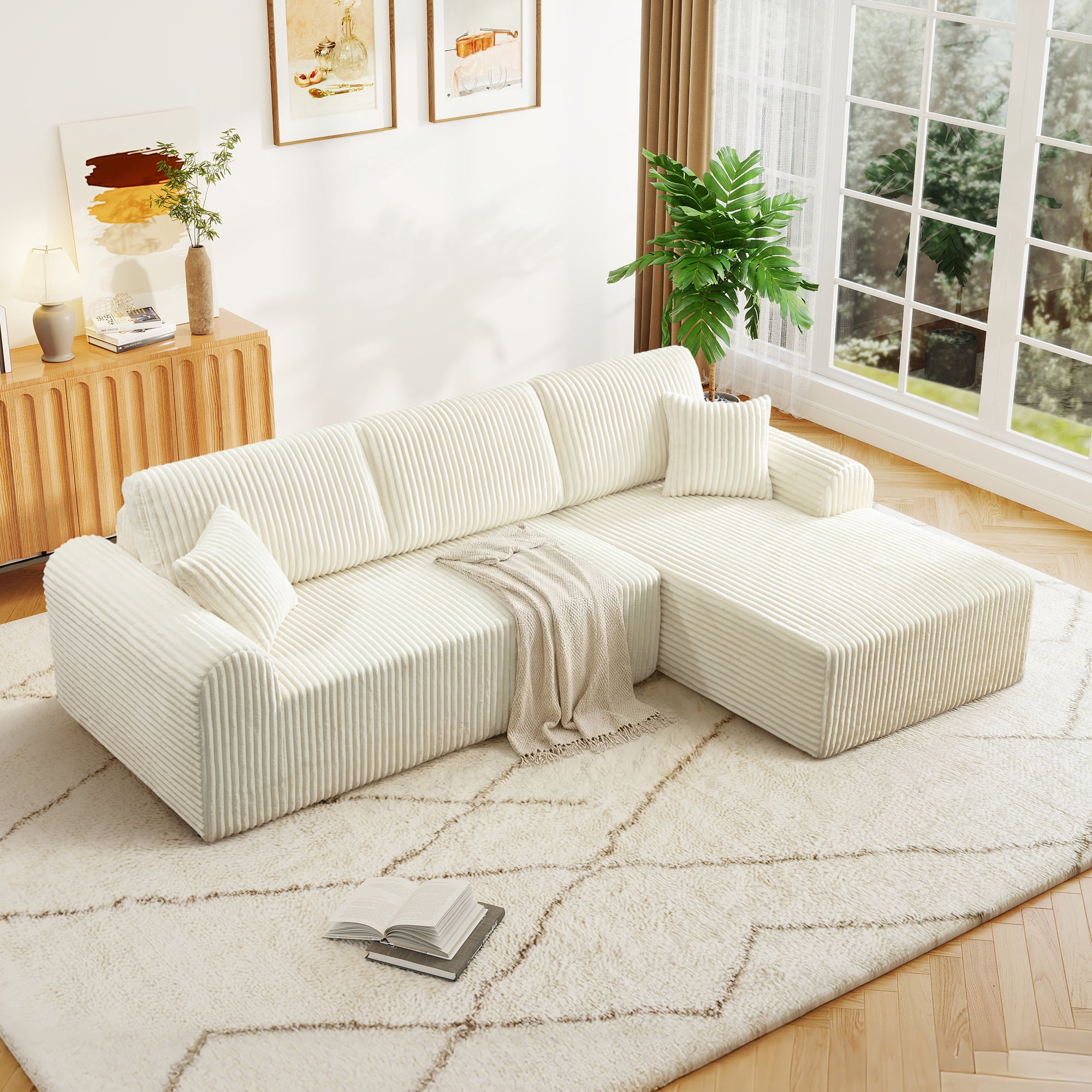 Aukfa 109" Modular Cloud Sectional Sofa with L-Shape Chaise, Corduroy Upholstered Deep Seat Couch, Right Facing Chaise, No Assembly Boneless Sofa for Living Room/Bedroom/Apartment, White