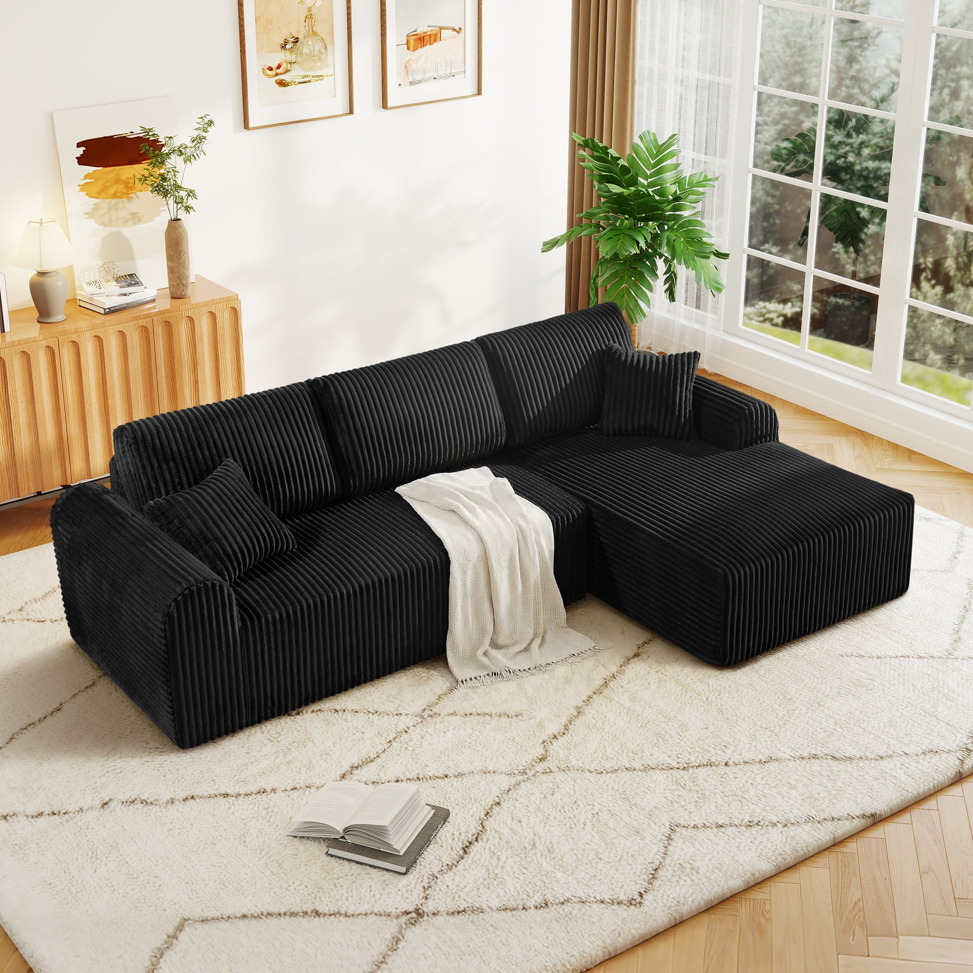 Aukfa 109" Modular Cloud Sectional Sofa with L-Shape Chaise, Corduroy Upholstered Deep Seat Couch, Right Facing Chaise, No Assembly Boneless Sofa for Living Room/Bedroom/Apartment, Black