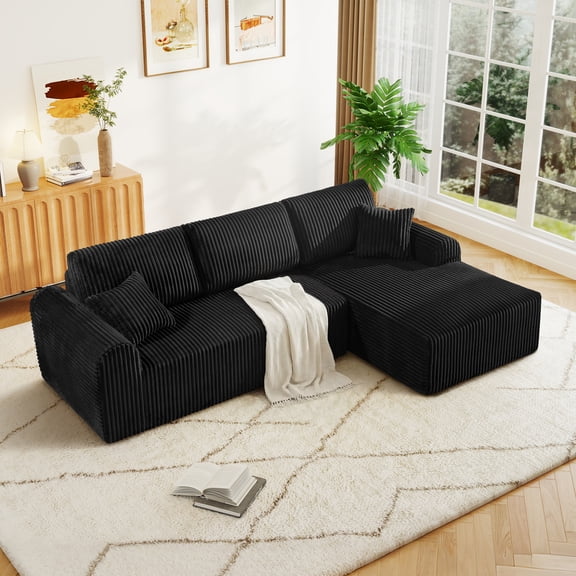 Aukfa 109" Modular Cloud Sectional Sofa with L-Shape Chaise, Corduroy Upholstered Deep Seat Couch, Right Facing Chaise, No Assembly Boneless Sofa for Living Room/Bedroom/Apartment, Black