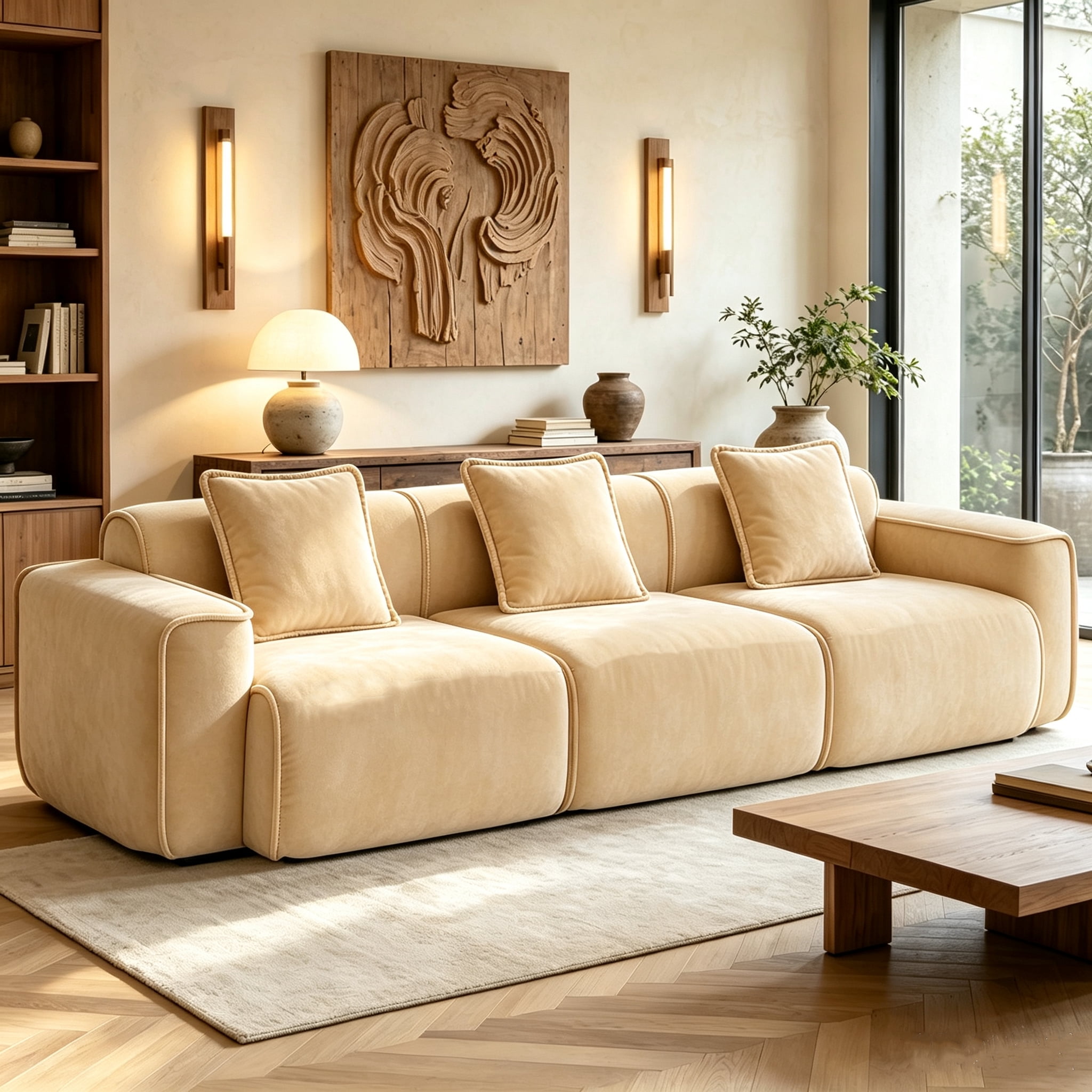 Aukfa 109" Oversized Boneless Couch Deep Seat 3 Seat Cloud Sofa for Living Room Bedroom, 3 Pillows, Velvet, Camel
