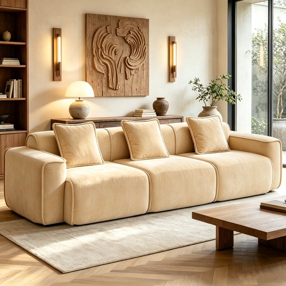 Aukfa 109" Oversized Boneless Couch Deep Seat 3 Seat Cloud Sofa for Living Room Bedroom, 3 Pillows, Velvet, Camel