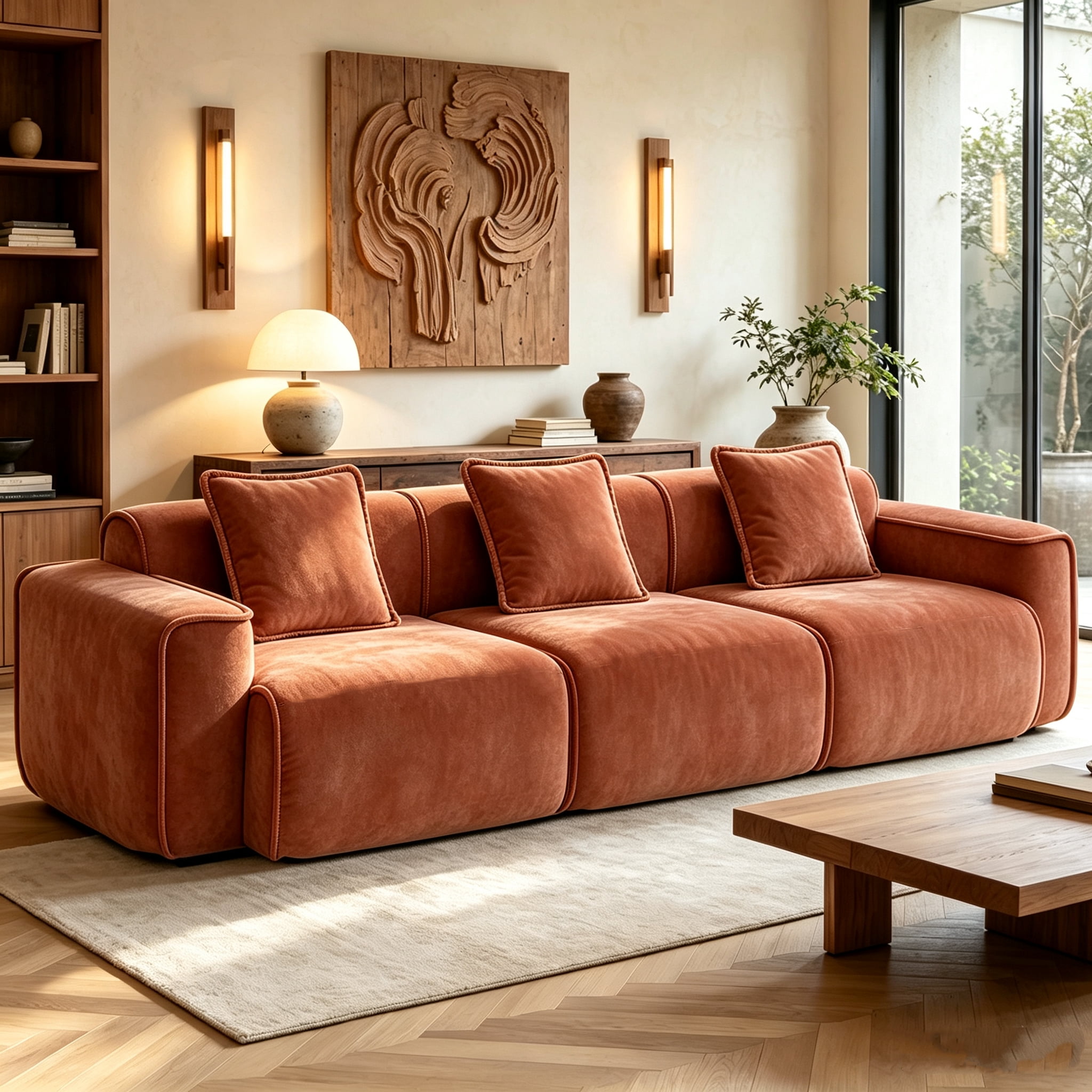 Aukfa 109" Oversized Boneless Couch Deep Seat 3 Seat Cloud Sofa for Living Room Bedroom, 3 Pillows, Velvet, Terracotta