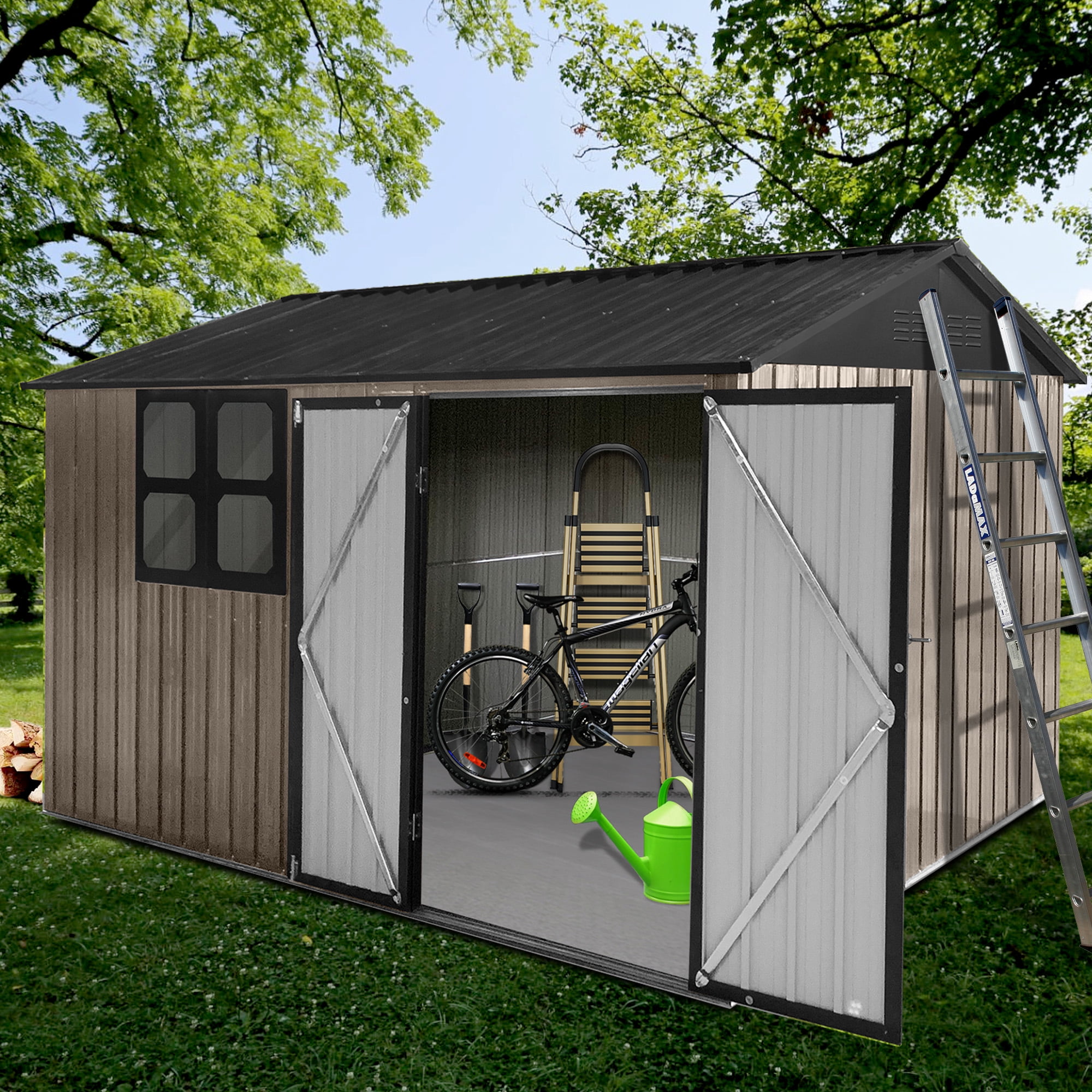 Aukfa 10FT x 8FT Outdoor Storage Shed, Metal Shed Storage with Window, Roof Slope Tool Shed with Door and Padlock for Backyards, Patio Lawns and Outdoor, Brwon
