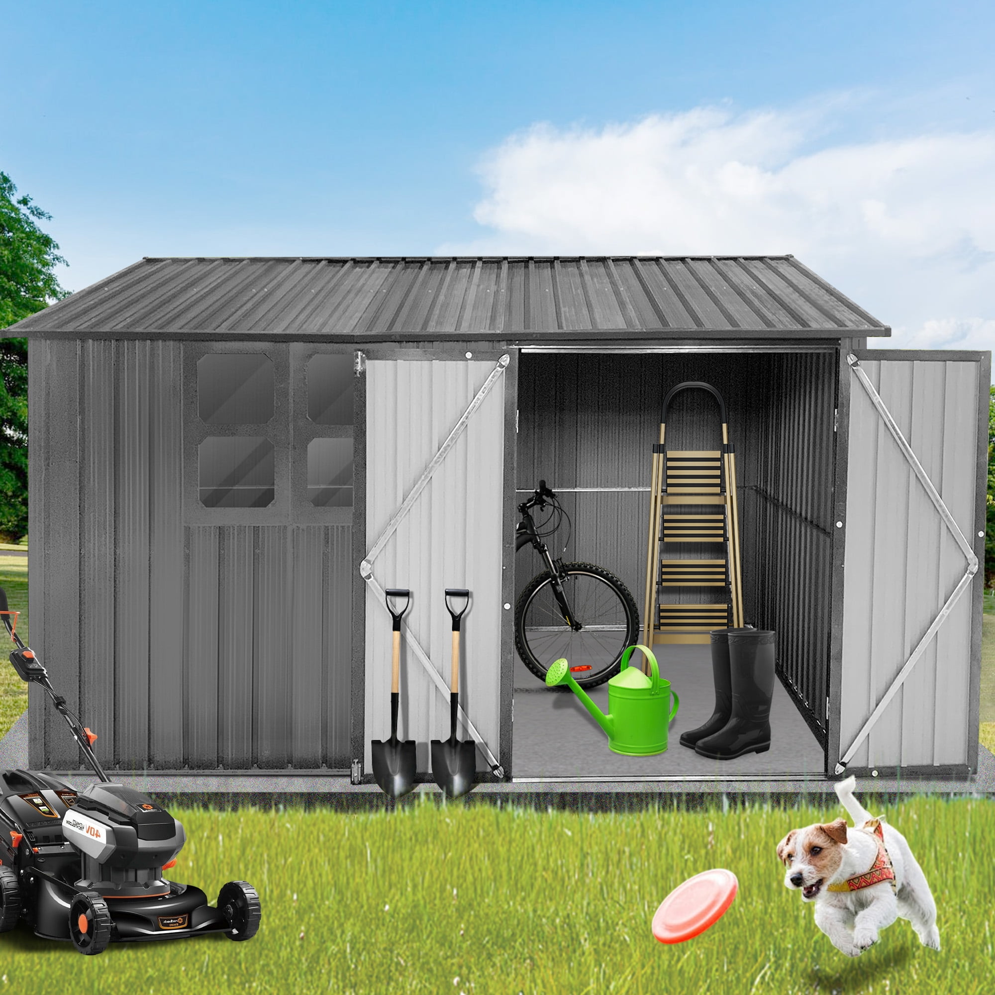 Aukfa 10FT x 8FT Outdoor Storage Shed, Metal Shed Storage with Window, Roof Slope Tool Shed with Door and Padlock for Backyards, Patio Lawns and Outdoor, Gray