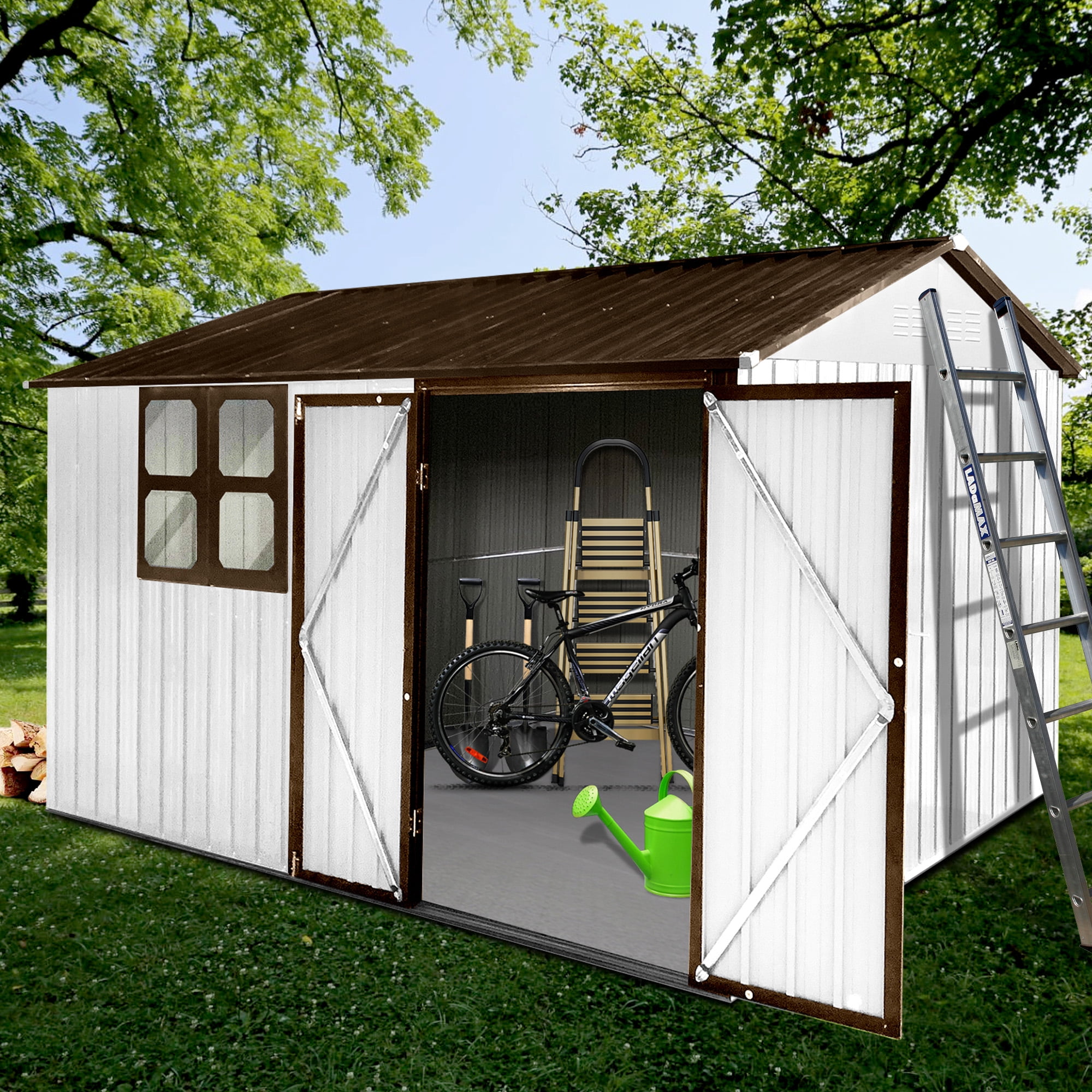 Aukfa 10FT x 8FT Outdoor Storage Shed, Metal Shed Storage with Window, Roof Slope Tool Shed with Door and Padlock for Backyards, Patio Lawns and Outdoor, White