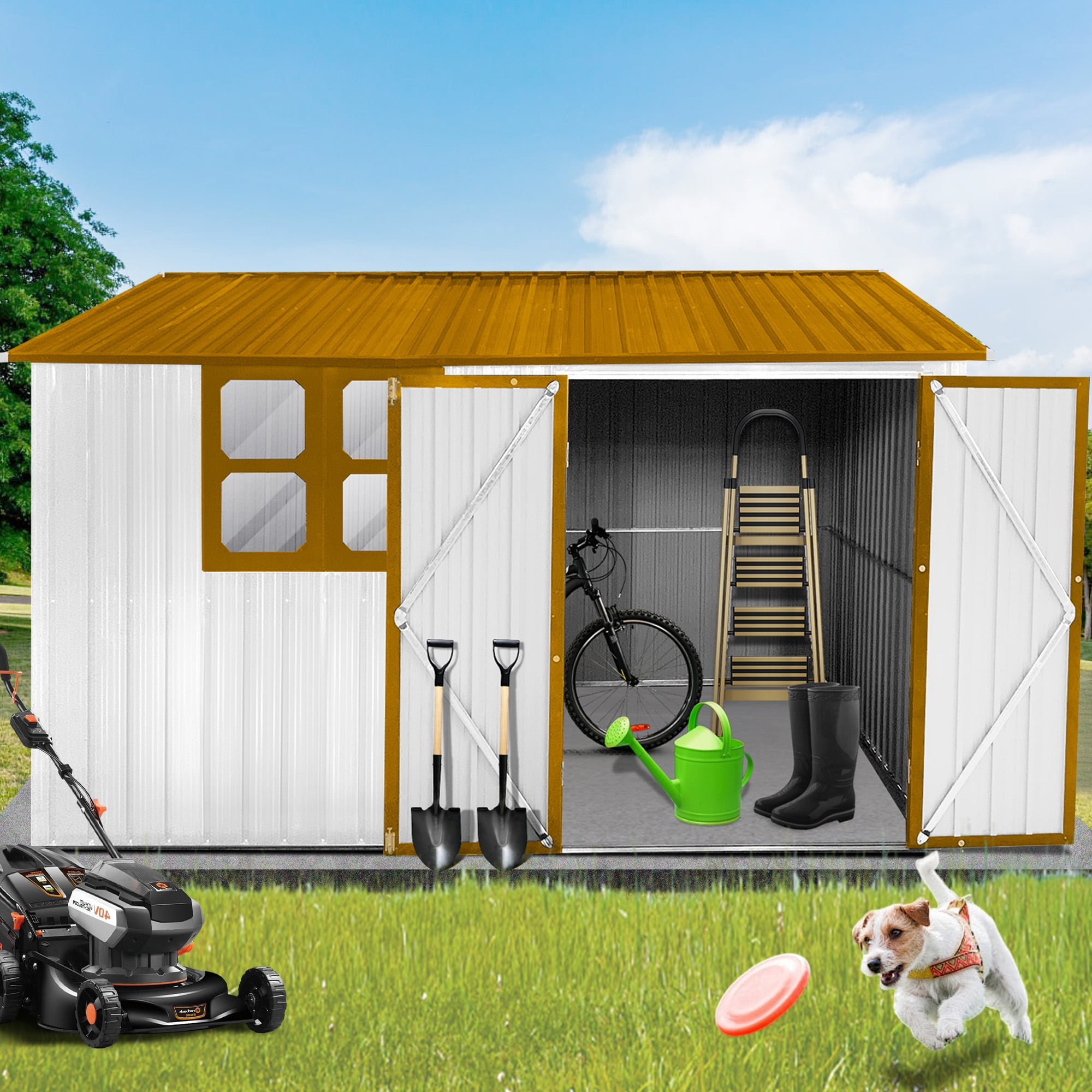 Aukfa 10FT x 8FT Outdoor Storage Shed, Metal Shed Storage with Window, Roof Slope Tool Shed with Door and Padlock for Backyards, Patio Lawns and Outdoor, Yellow