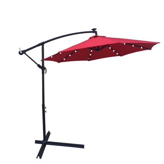 Aukfa 10ft Patio Solar LED Lighted Outdoor Umbrellas with Cross Base for Market Beach Pool - Red