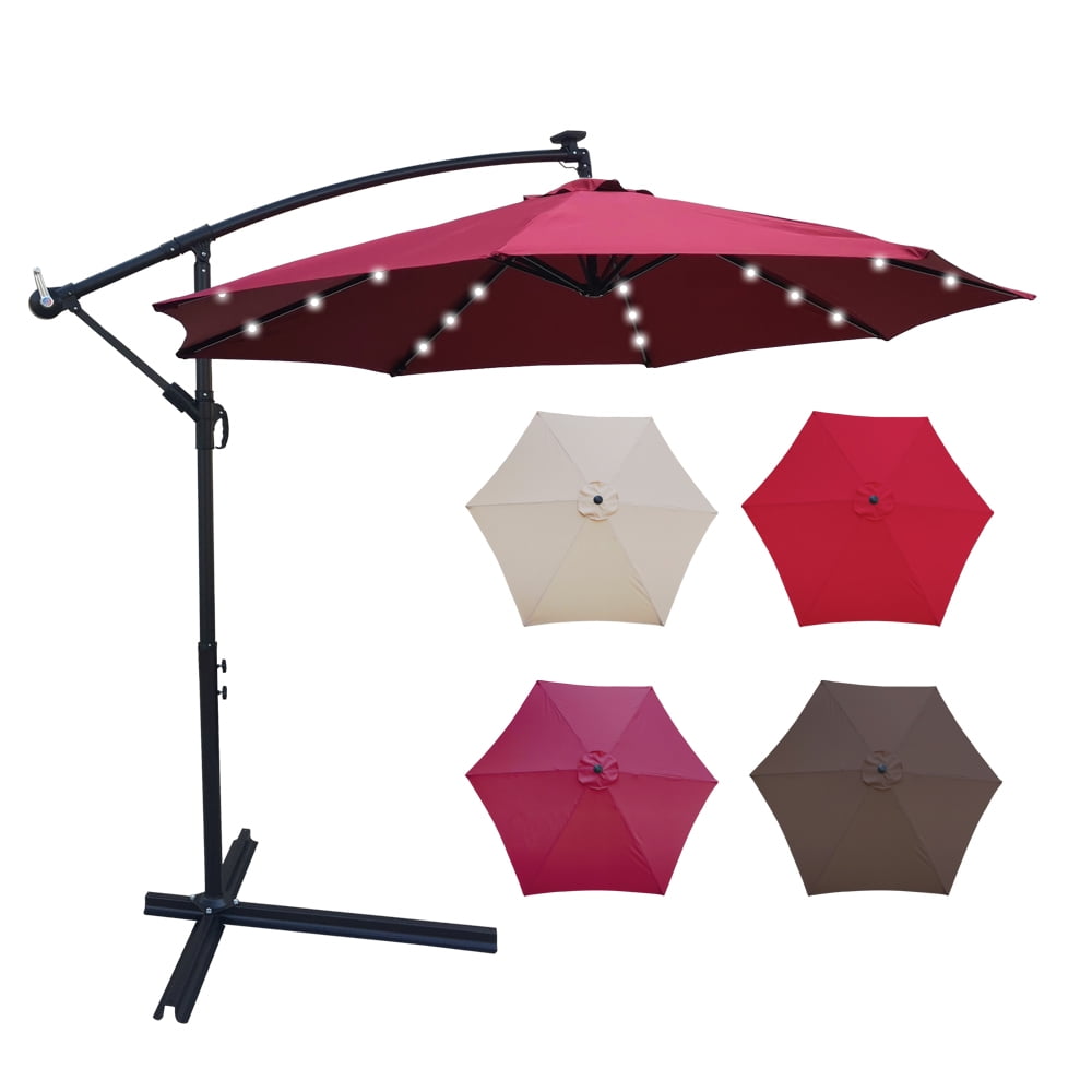 Aukfa 10ft Patio Solar LED Lighted Outdoor Umbrellas with Cross Base for Market Beach Pool - Wine