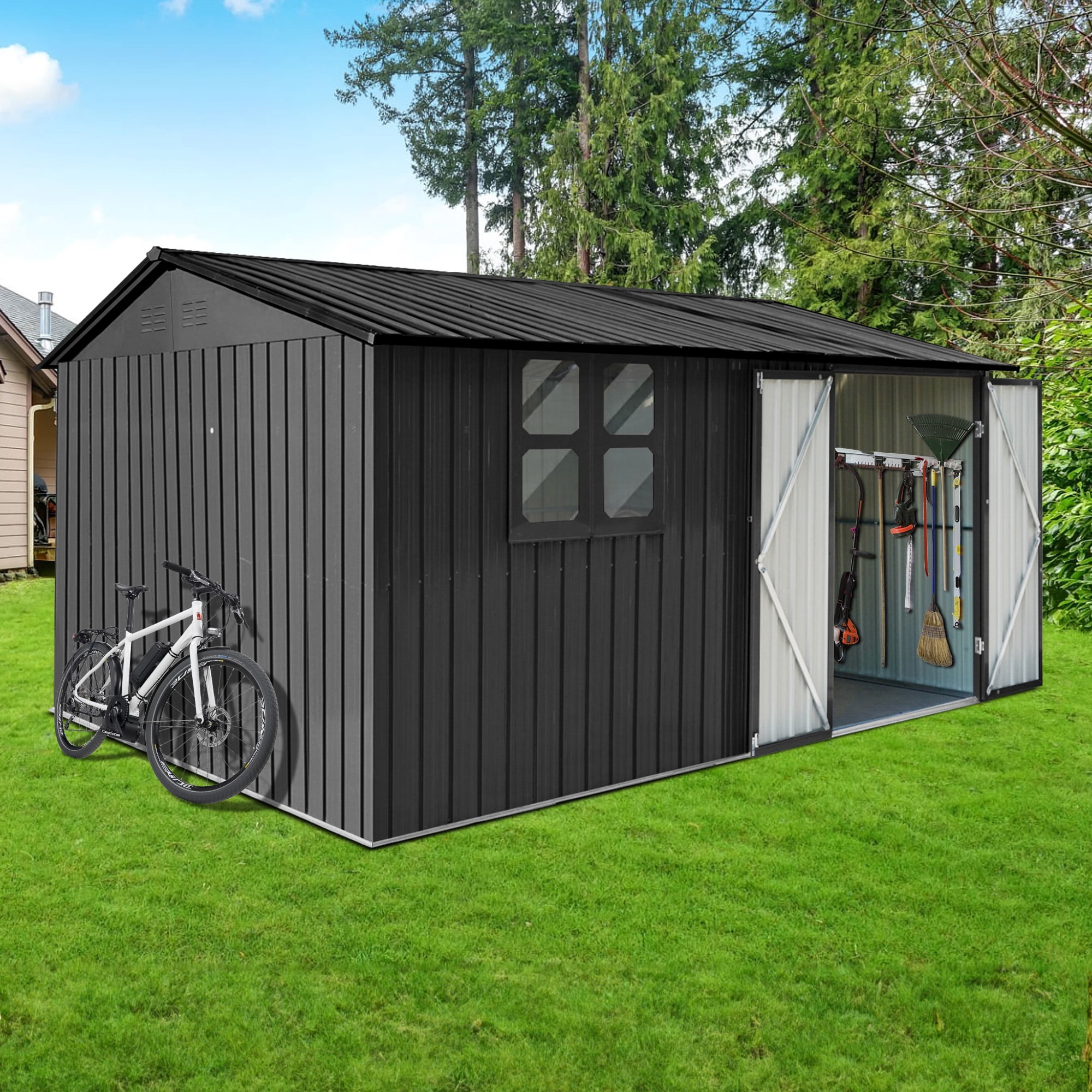 Aukfa 10x12 FT Outdoor Metal Storage Shed with Foldable Worktable & Shelves, Large Garden Tool Shed with Window & Lockable Door, Waterproof Backyard Storage House, Black