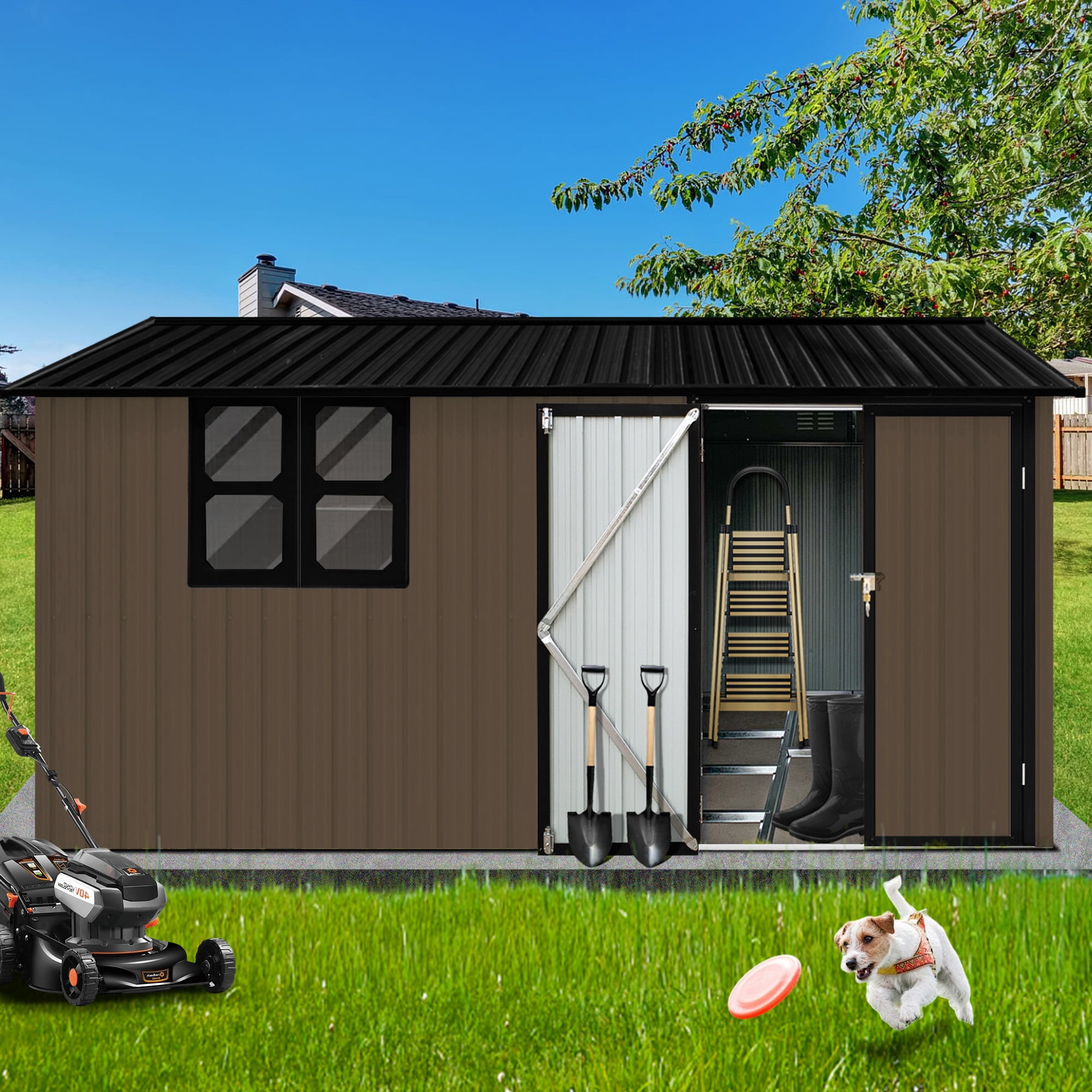 Aukfa 10x12 FT Outdoor Metal Storage Shed with Foldable Worktable & Shelves, Large Garden Tool Shed with Window & Lockable Door, Waterproof Backyard Storage House, Brwon