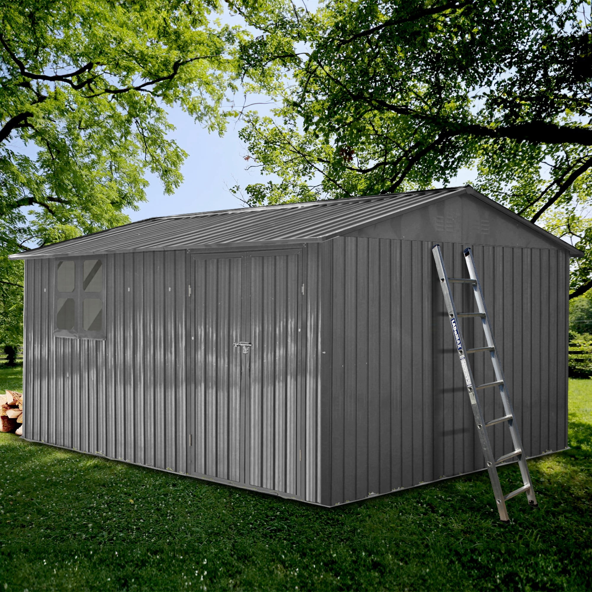 Aukfa 10x12 FT Outdoor Metal Storage Shed with Foldable Worktable & Shelves, Large Garden Tool Shed with Window & Lockable Door, Waterproof Backyard Storage House, Gray