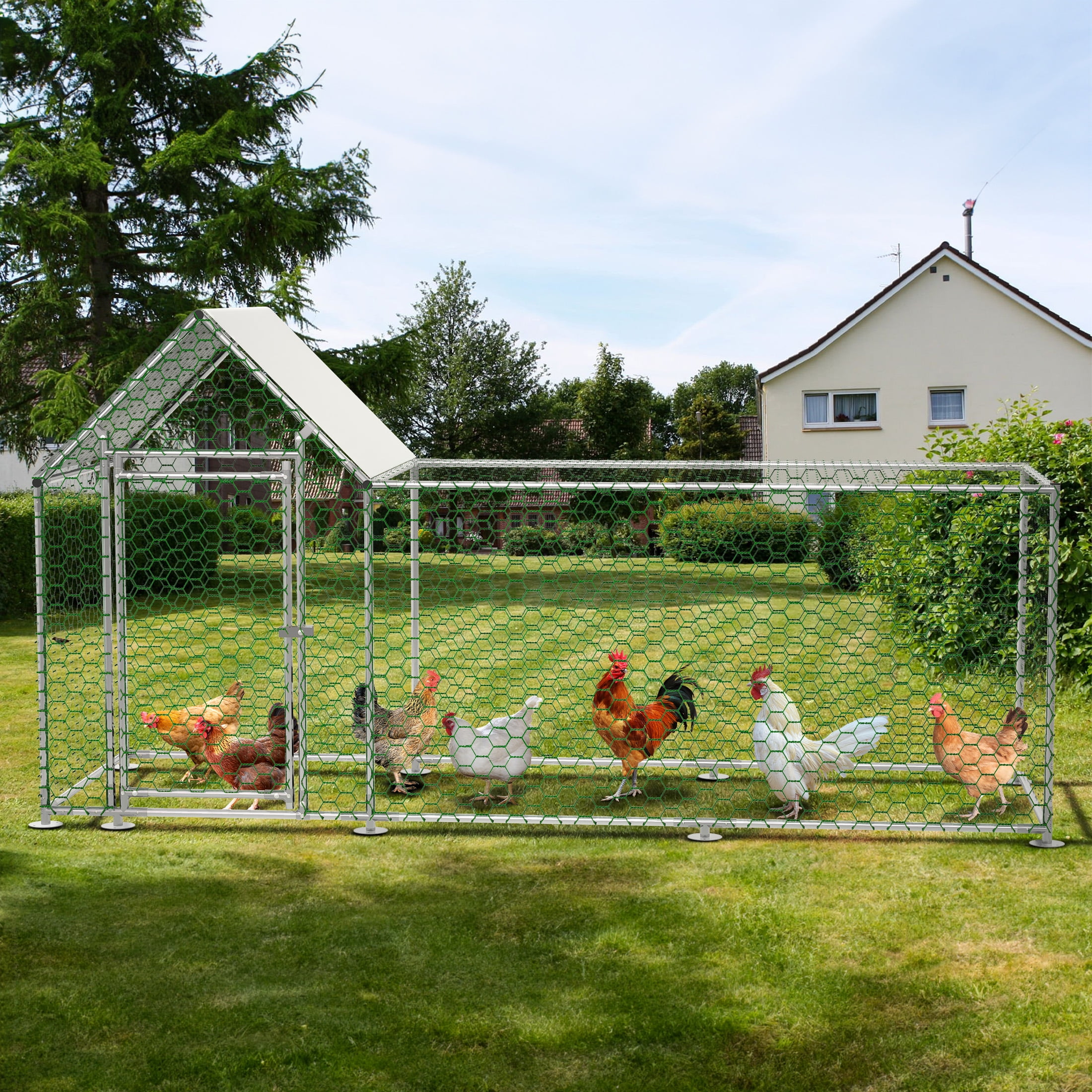 Aukfa 10x3FT Metal Chicken Coop with Run, Outdoor Backyard Hen House Poultry Habitat Cage w/Cover