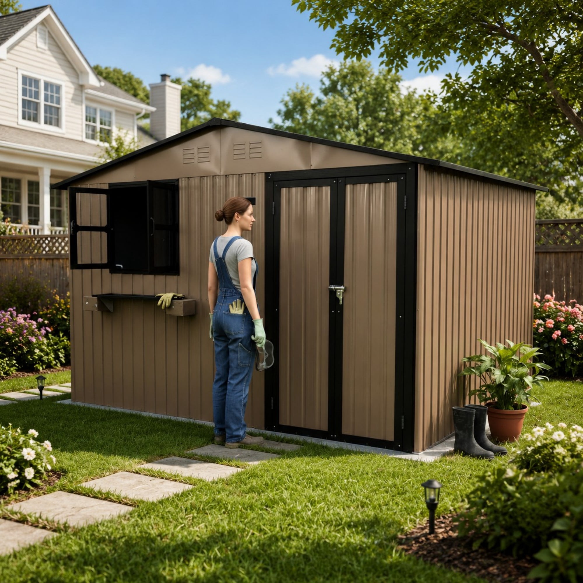 Aukfa 10x8 FT Outdoor Storage Shed with Lockable Doors&Flower Rack, Metal Garden Shed for Bike/Generator/Tool Storage, Brown