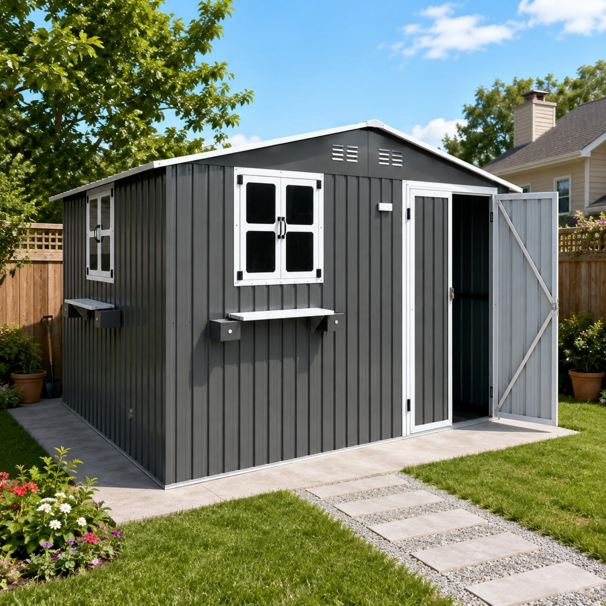 Aukfa 10x8 FT Outdoor Storage Shed with Lockable Doors&Flower Rack, Metal Garden Shed for Bike/Generator/Tool Storage, Coal Gray