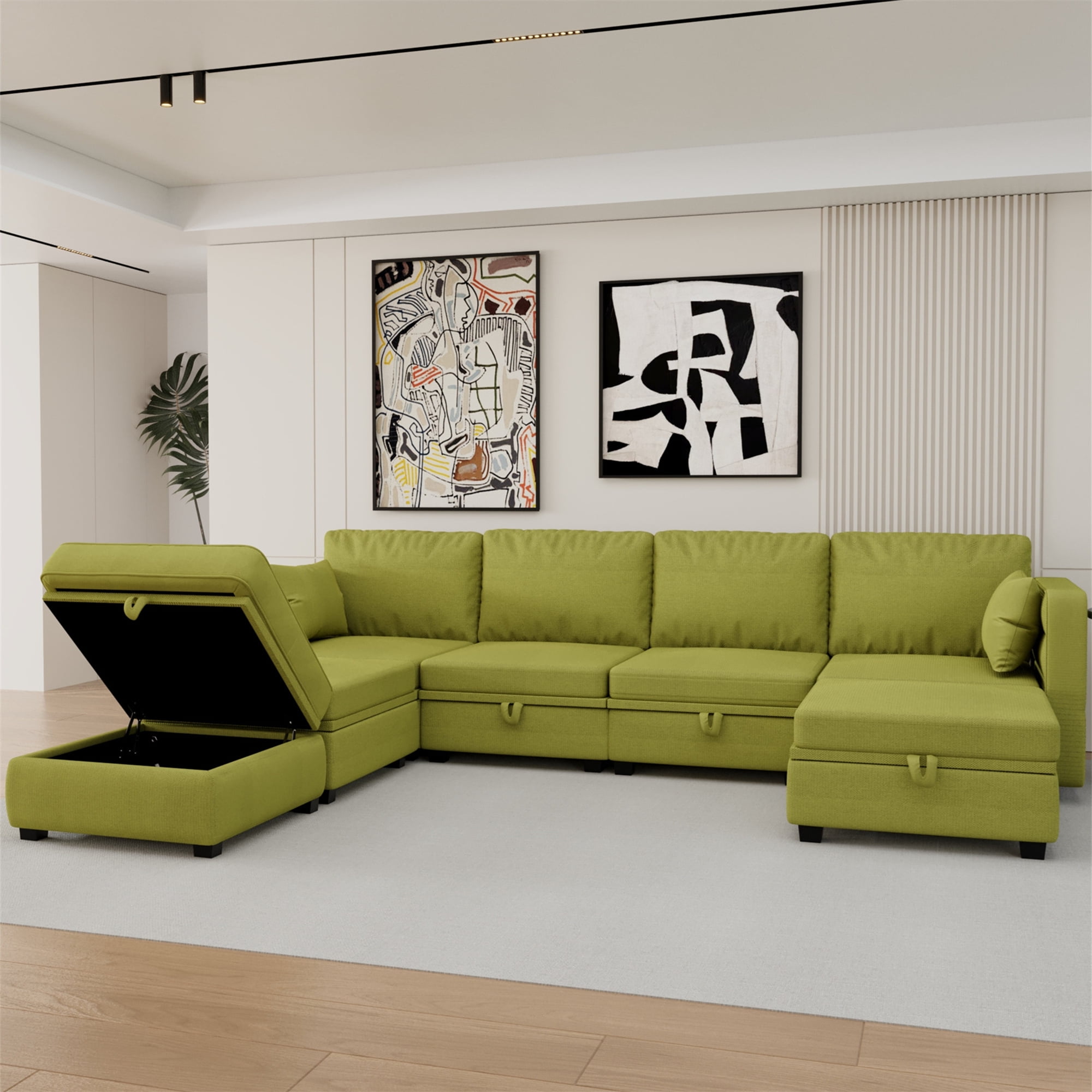 Aukfa 110" Linen Storage Sectional Couch for Living Room, Modular Sleeper Sofa U-shaped sofa, Olive