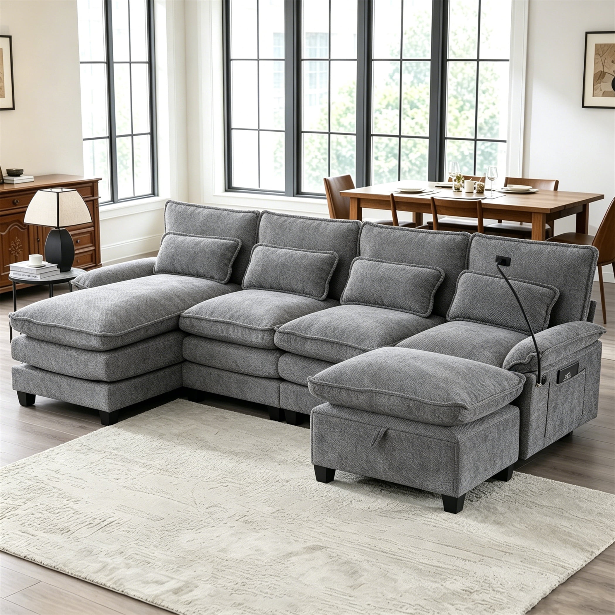 Aukfa 106" Sectional Sofa Deep Seat U shape Couch for Living Room, USB&Type-C Ports, 4 Lumbar Pillows, Storage Ottoman, Overstuffed Chenille, Gray
