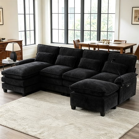 Aukfa 106" Sectional Sofa Deep Seat U shape Couch for Living Room, USB&Type-C Ports, 4 Lumbar Pillows, Storage Ottoman, Overstuffed Chenille, Black