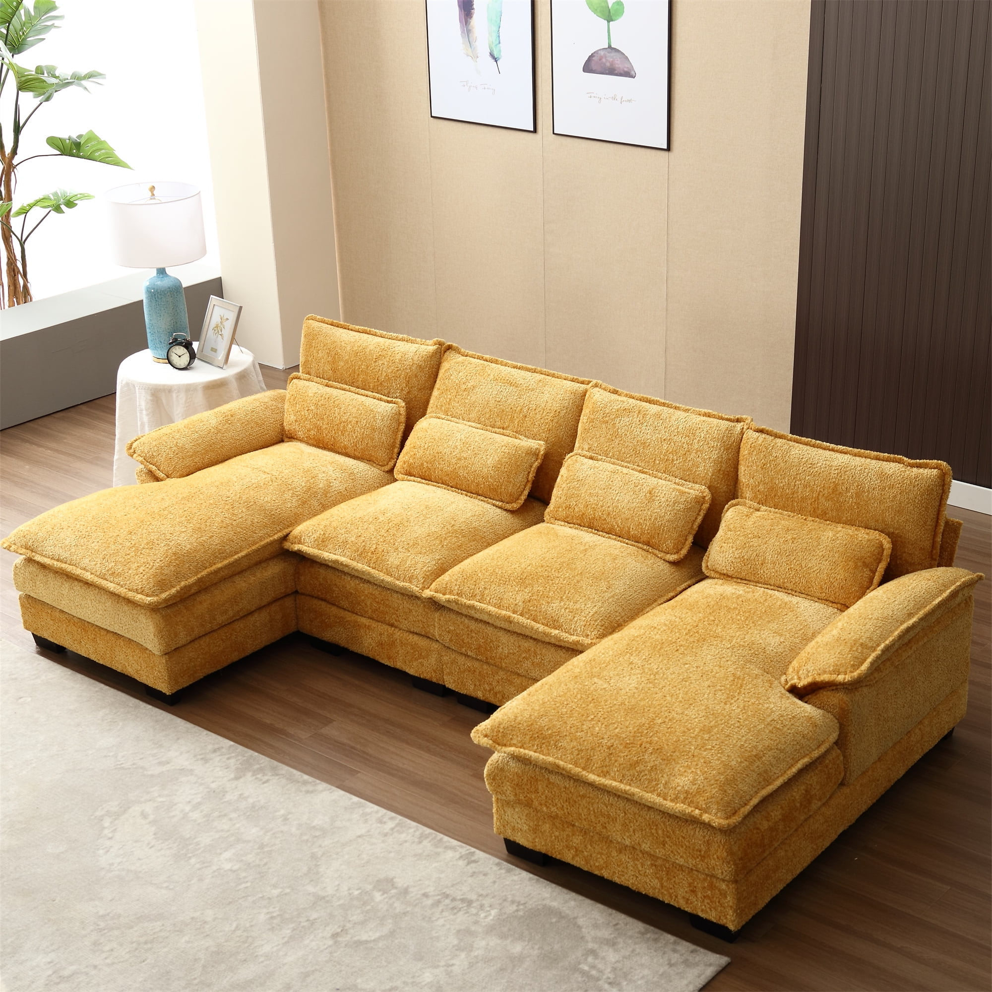 Aukfa AK FS03 070 110 U Shape Sofa 4 Pillows Boucle Mustard Size 110.6 L x 56.7 W x 31.9 H