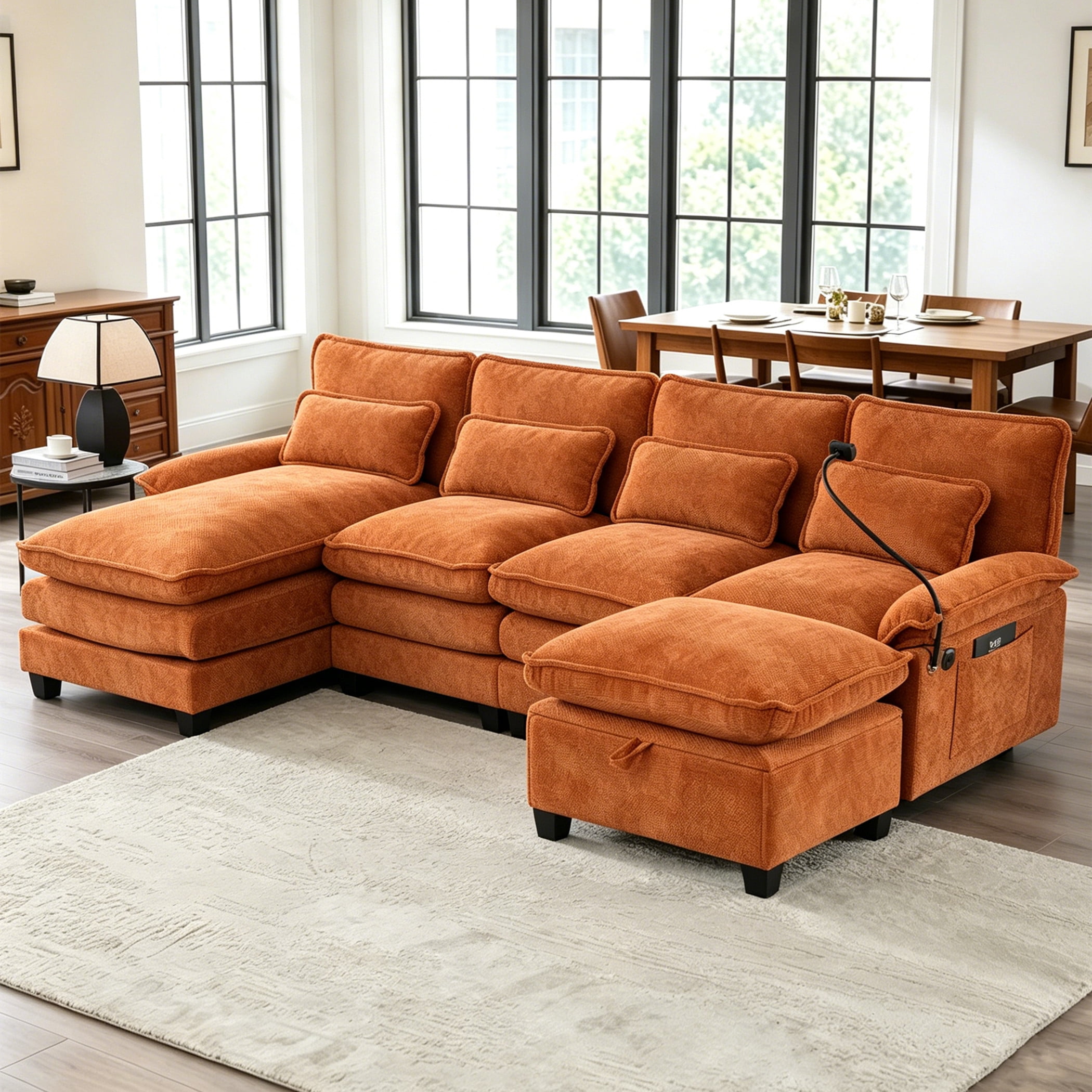 Aukfa 106" Sectional Sofa Deep Seat U shape Couch for Living Room, USB&Type-C Ports, 4 Lumbar Pillows, Storage Ottoman, Overstuffed Chenille, Orange