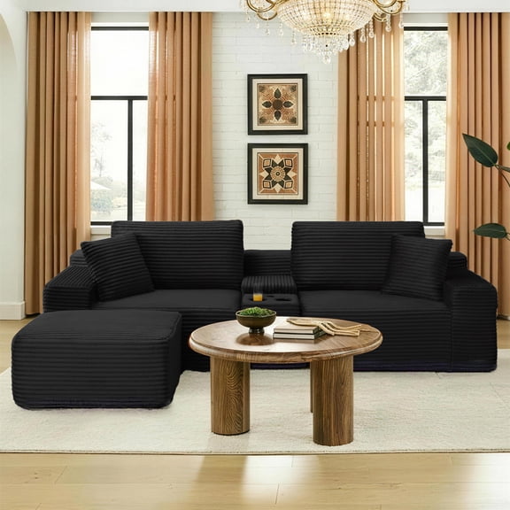 Aukfa 111" Cloud Sectional Sofa Modular Boneless Couch with USB&Cupholdes Storage Console for Living Room, 2 Pillows, Corduroy, Black