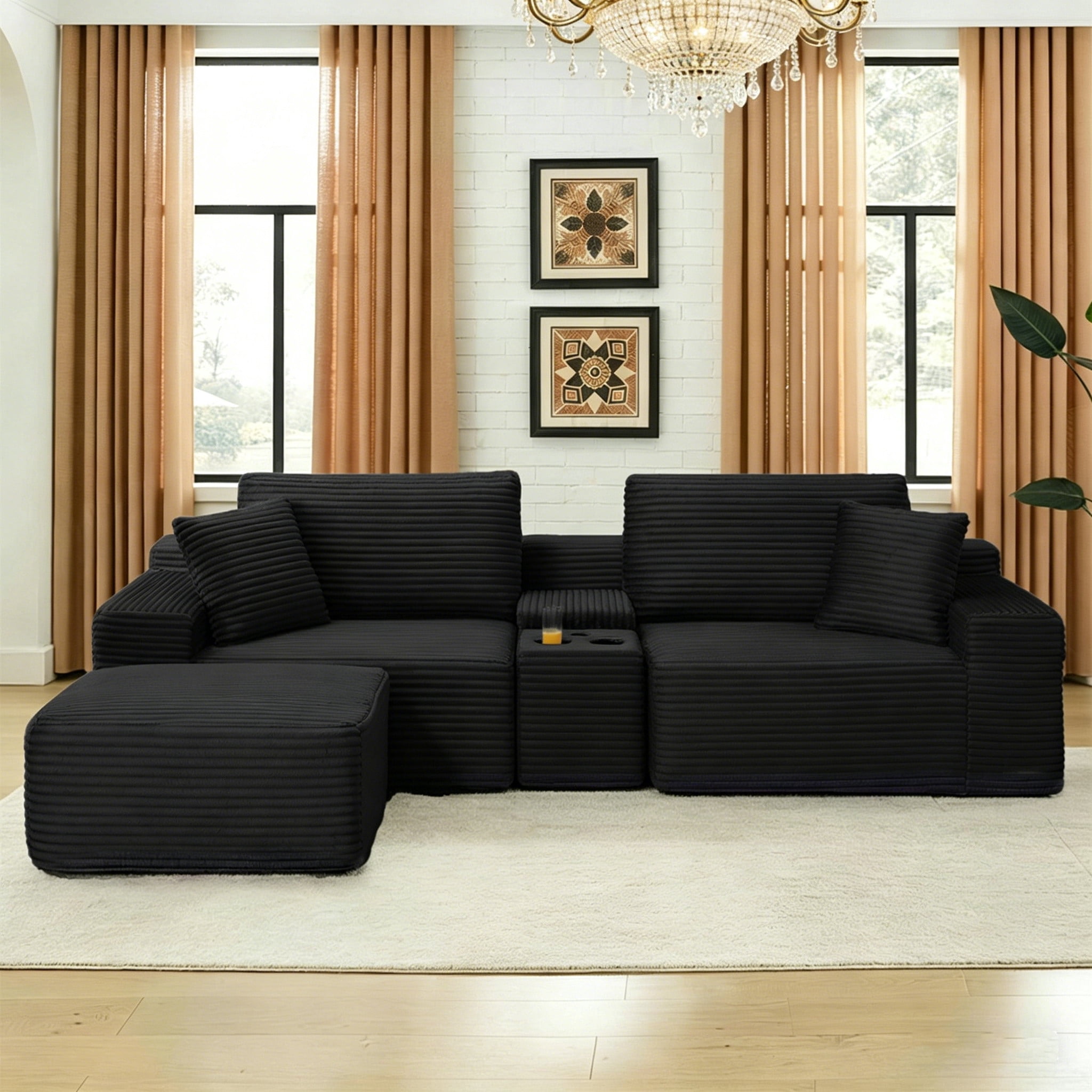 Aukfa 111" Cloud Sectional Sofa Deep Seat Boneless Couch with USB&Cupholdes Storage Console, Modular L-Shaped Couch for Living Room, Corduroy, Black