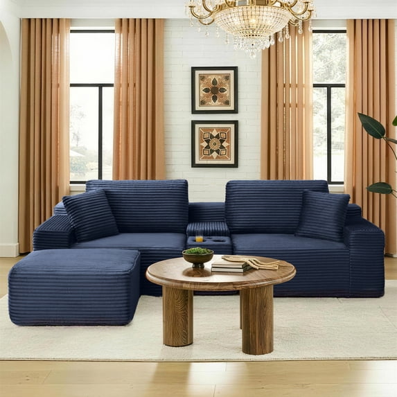 Aukfa 111" Cloud Sectional Sofa Deep Seat Boneless Couch with USB&Cupholdes Storage Console, Modular L-Shaped Couch for Living Room, Corduroy, Blue