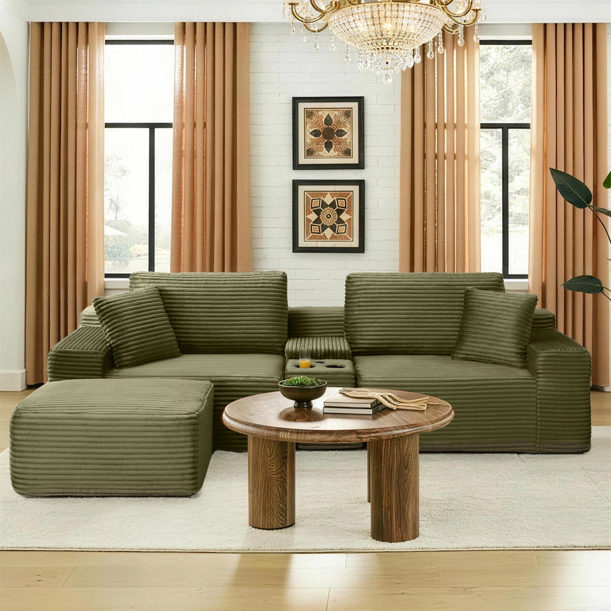 Aukfa 111" Cloud Sectional Sofa Deep Seat Boneless Couch with USB&Cupholdes Storage Console, Modular L-Shaped Couch for Living Room, Corduroy, Green
