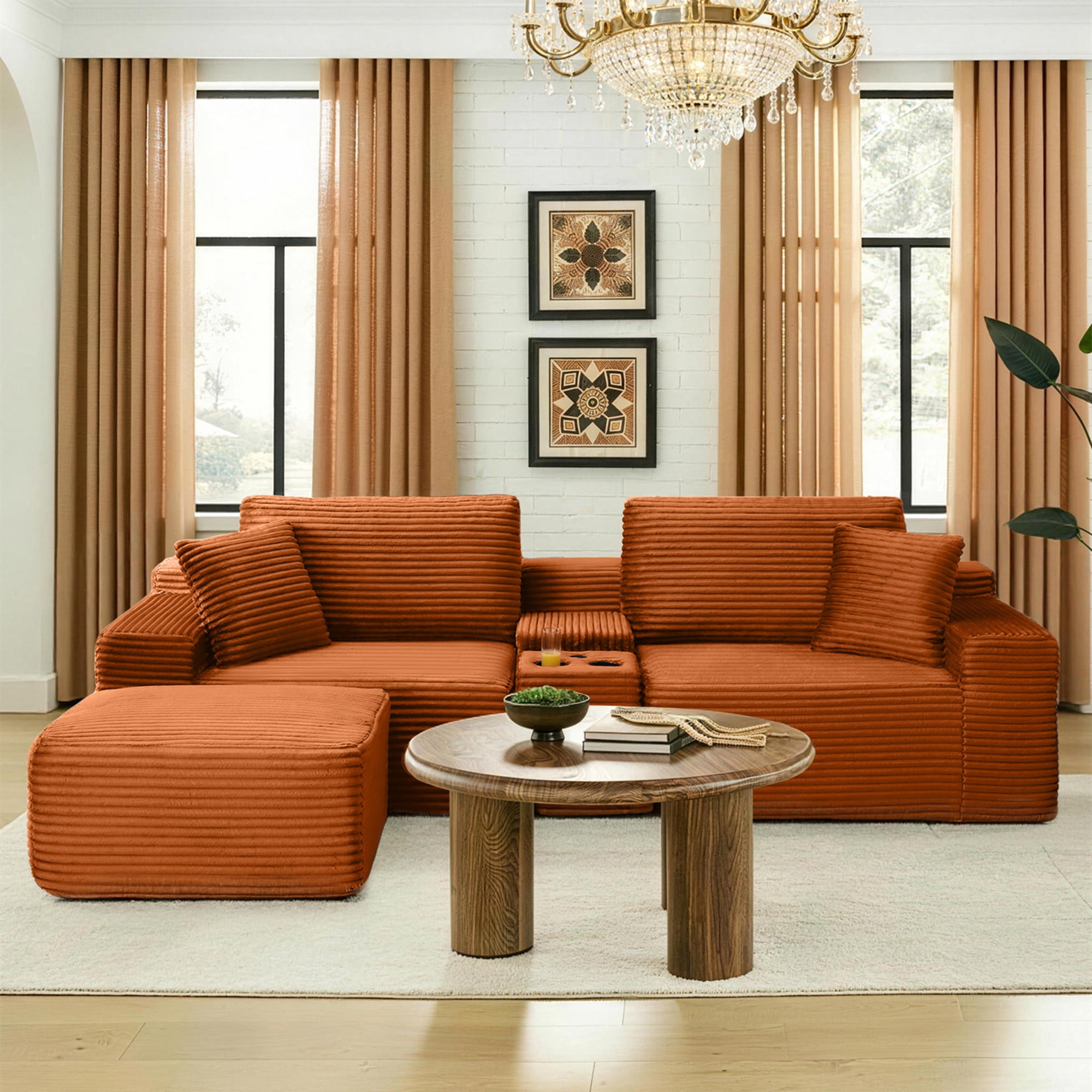 Aukfa 111" Cloud Sectional Sofa Deep Seat Boneless Couch with USB&Cupholdes Storage Console, Modular L-Shaped Couch for Living Room, Corduroy, Orange
