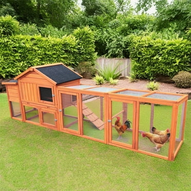 Aukfa 112" Large Chicken Coop Wood Chicken Run Cage w/ Nest Box Waterproof Roof & UV Panel for Outdoor, Backyard, Brown