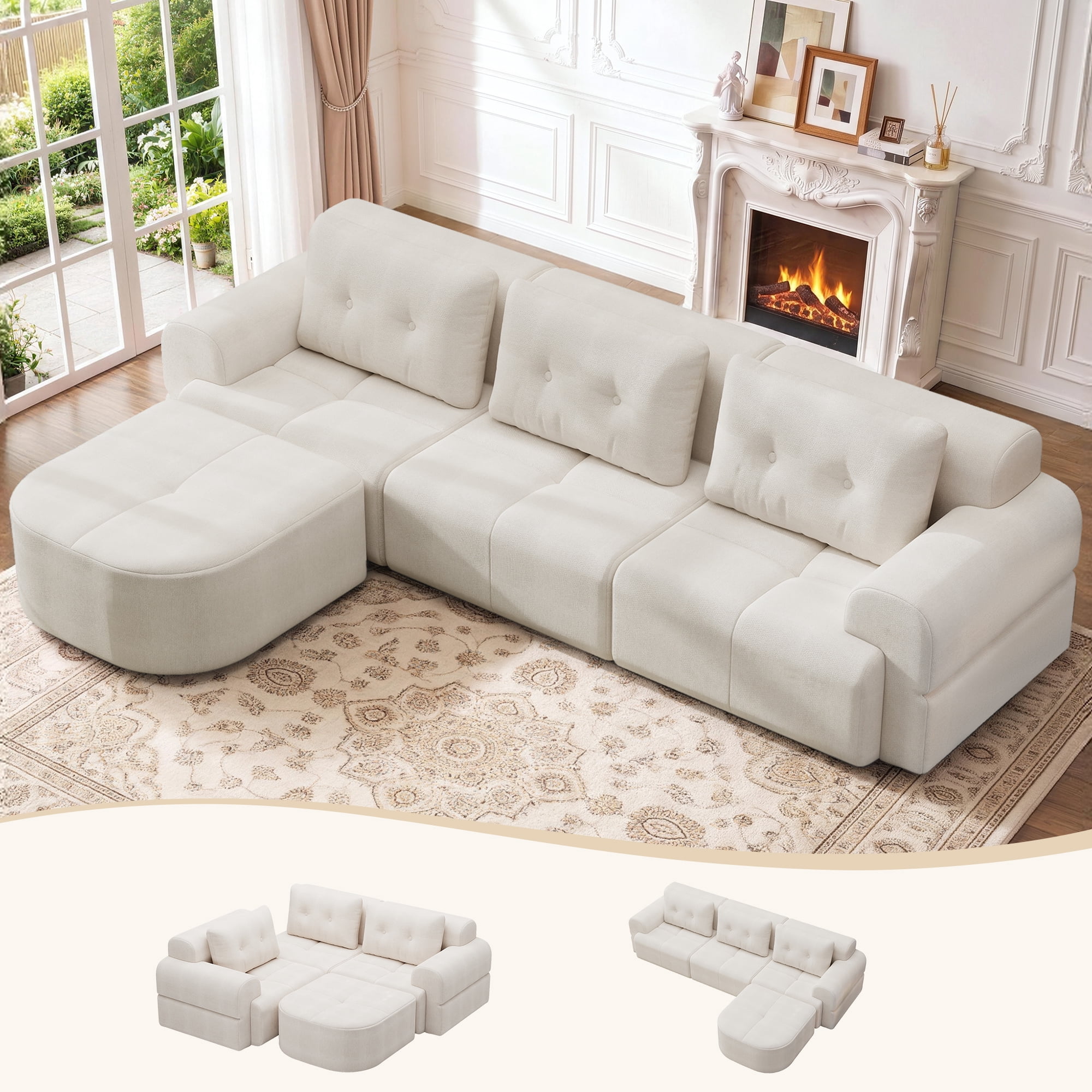 Aukfa 112" Modular Sectional Sofa with Chaise, Full-Foam Boneless Cloud Couch, Woven Chenille Oversized Deep Seat Sofa with 3 Pillows for Living Room, Beige
