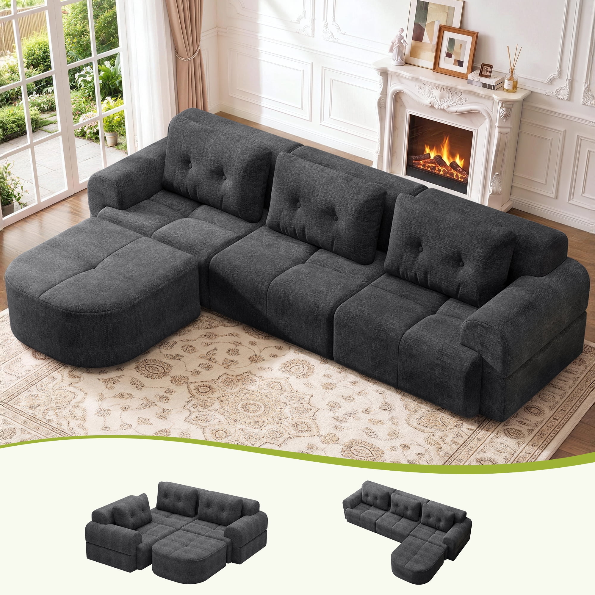 Aukfa 112" Modular Sectional Sofa with Chaise, Full-Foam Boneless Cloud Couch, Woven Chenille Oversized Deep Seat Sofa with 3 Pillows for Living Room, Dark Gray