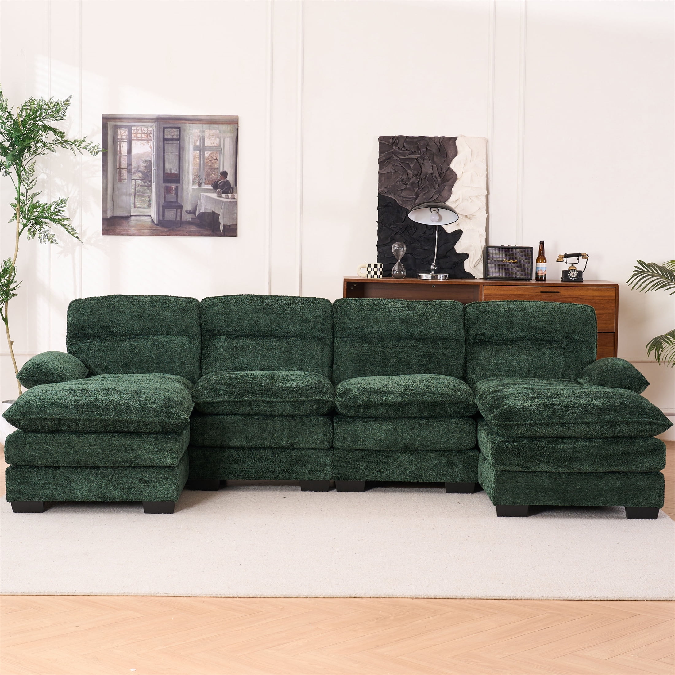 Aukfa 112" U Shaped Sectional Couch Double Layer Cushions Sofa for Living Room, Chenille, Green