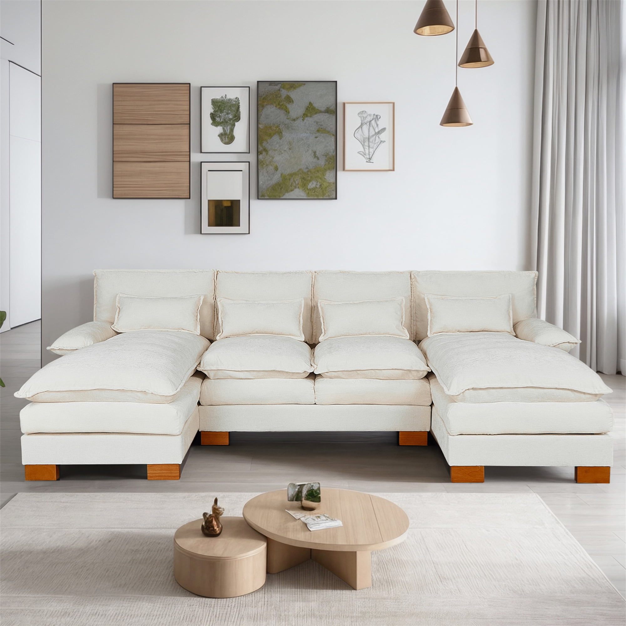 Aukfa 113" Sectional Sofa Couch with 4 Lumbar Pillows&Dual Layer Cushions, Chenille, Beige