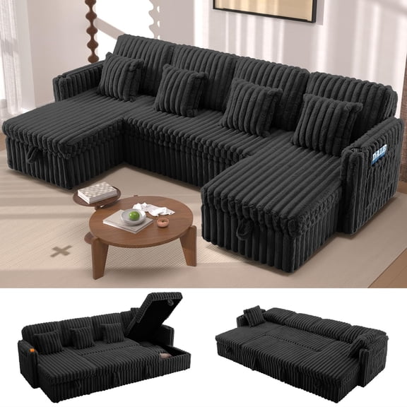 Aukfa 107" Sectional Sleeper Sofa with Pull Out Bed&Double Storage Chaise, Adjustable Backrest, USB Charger&Cup Holder, Black