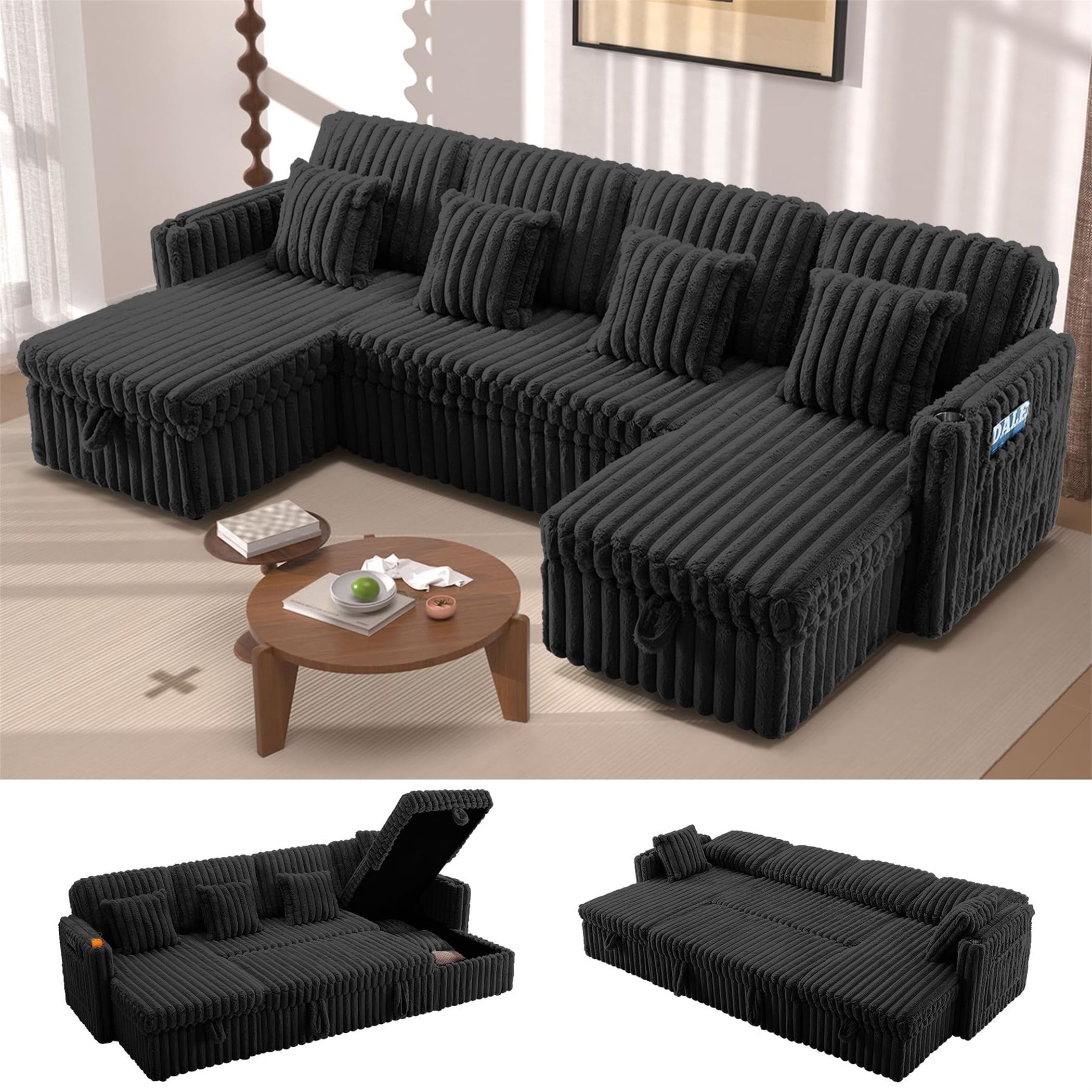 Aukfa 107" U shape Sectional Convertible Sleeper Sofa Bed with USB &Cup Holder, Storage Chaise for Living Room, Corduroy, Black