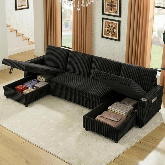 Aukfa 107" Sectional Sleeper Sofa with Pull Out Bed&Double Storage Chaise, Adjustable Backrest, USB Charger&Cup Holder, Black