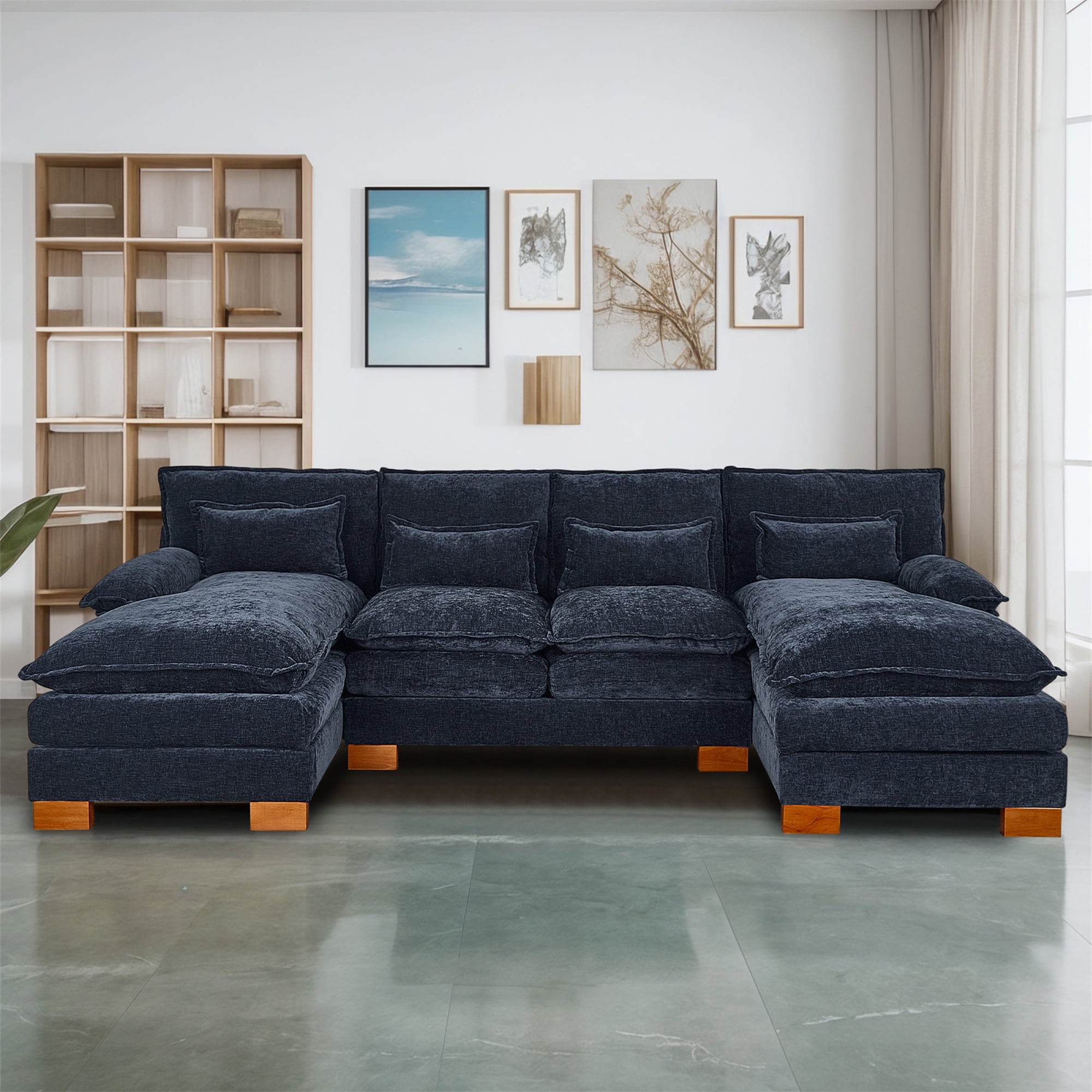 Aukfa 113" Sectional Sofa Couch with 4 Lumbar Pillows&Dual Layer Cushions, Chenille, Blue