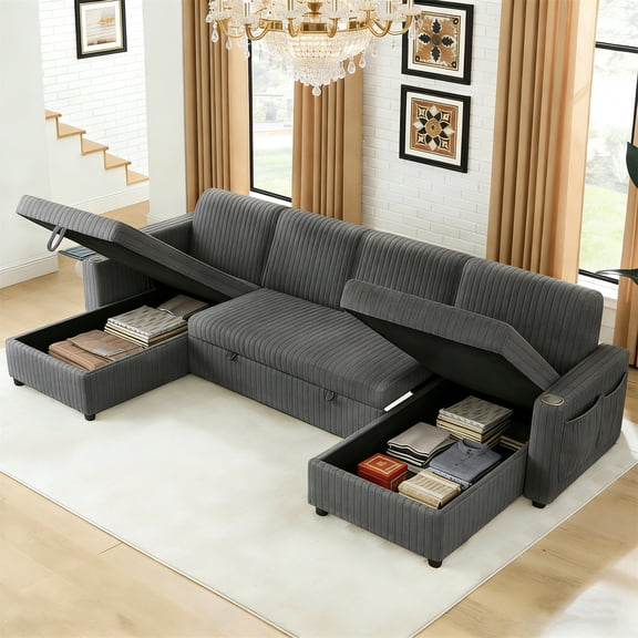 Aukfa 111" U shape Sectional Couch Convertible Sofa Bed with USB &Cupholders, Hide Desktop, 4 Pillows, Pull out Bed&Storage Chaise, Corduroy, Gray