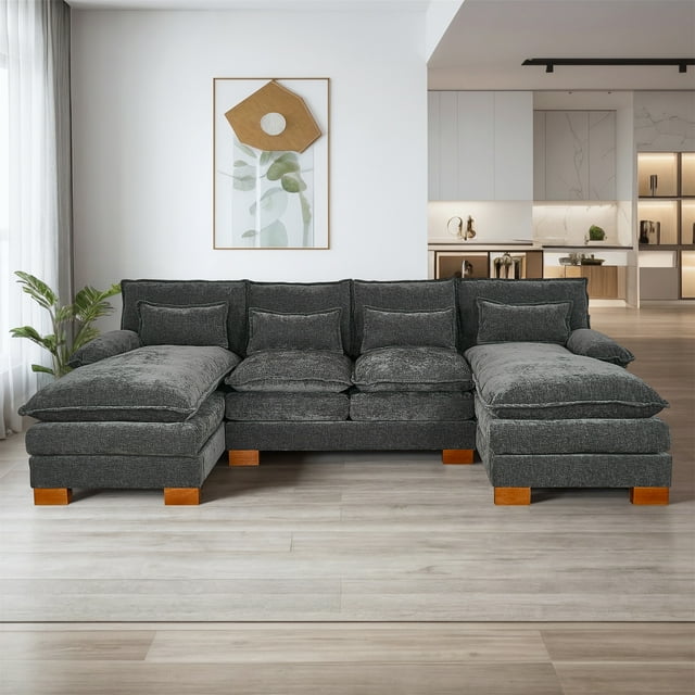 Aukfa 113" Sectional Sofa Couch with 4 Lumbar Pillows&Dual Layer