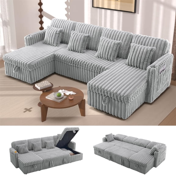 Aukfa 107" U shape Sectional Convertible Sleeper Sofa Bed with USB &Cup Holder, Storage Chaise for Living Room, Corduroy, Gray