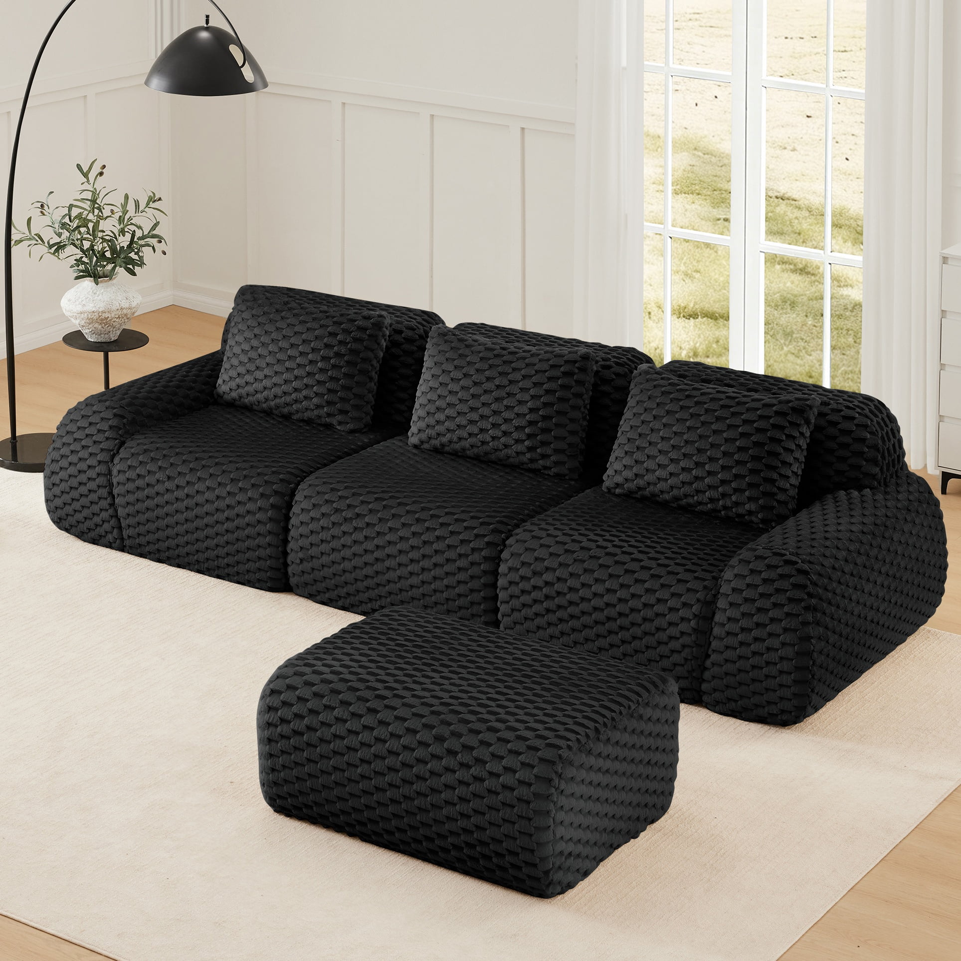 Aukfa 114" L-Shaped Modular Sectional Sofa, 29" Deep Seat Oversized Cloud Couch with Ottoman, Flannelette Upholstered 3-Seater Sofa for Living Room, Black