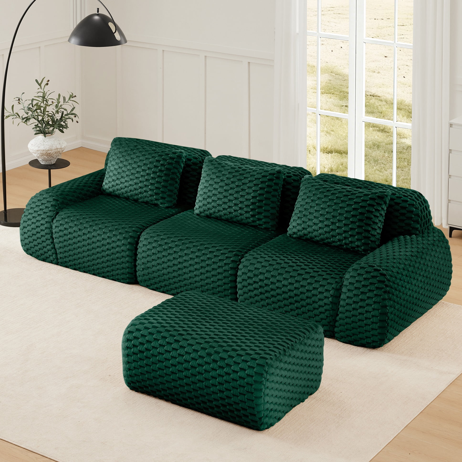 Aukfa 114" L-Shaped Modular Sectional Sofa, 29" Deep Seat Oversized Cloud Couch with Ottoman, Flannelette Upholstered 3-Seater Sofa for Living Room, Green