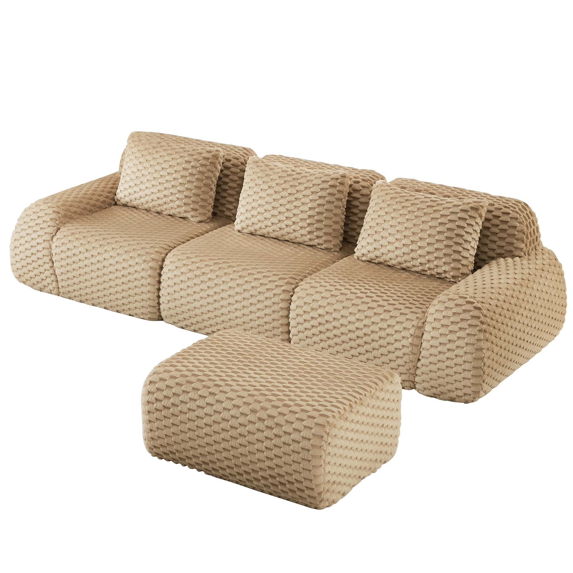 Aukfa 114" L-Shaped Modular Sectional Sofa, 29" Deep Seat Oversized Cloud Couch with Ottoman, Flannelette Upholstered 3-Seater Sofa for Living Room, Light Camel