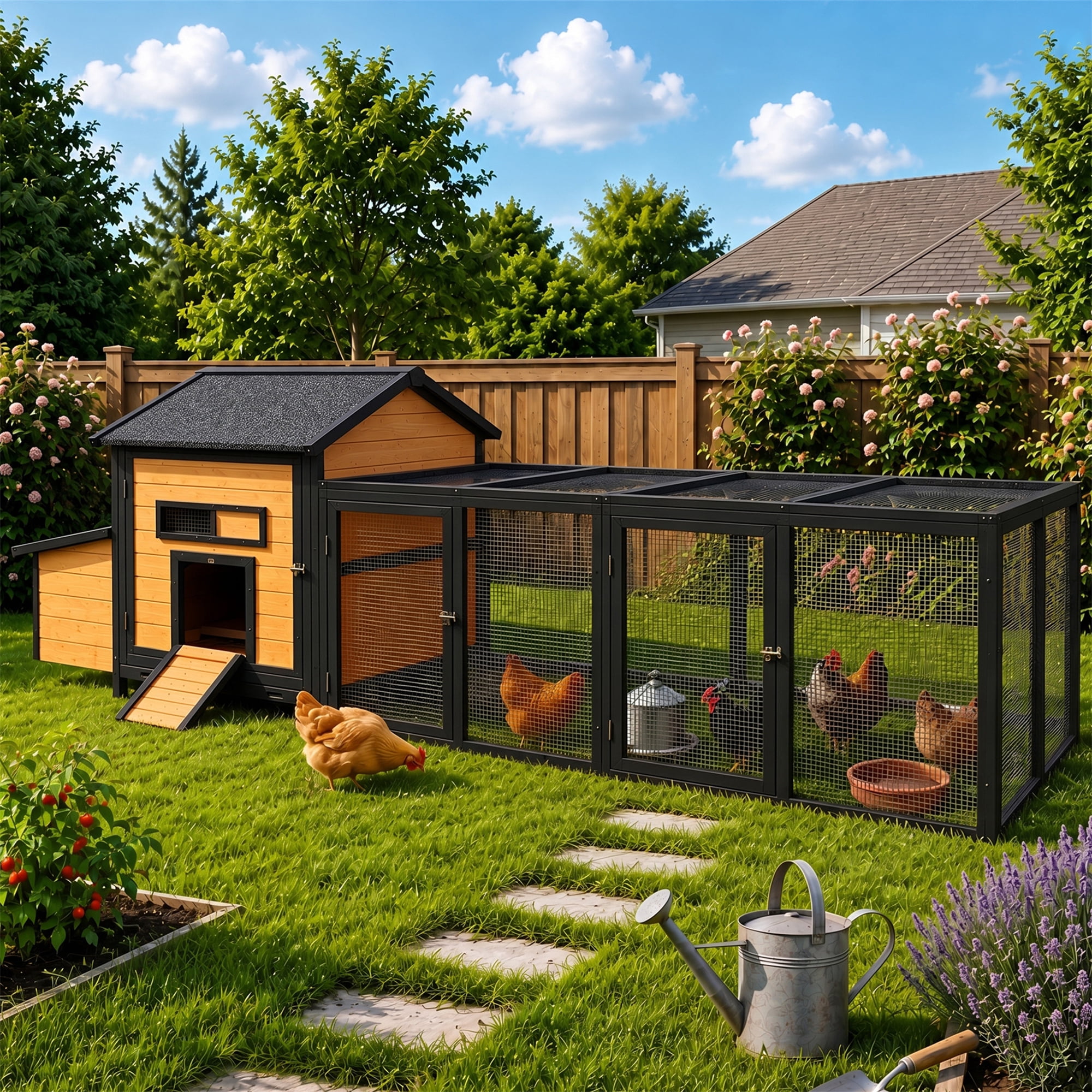 Aukfa 114" Large Chicken Coop Wood Chicken Run Cage w/ Nest Box and Pull-on Tray for Outdoor, Backyard, Black