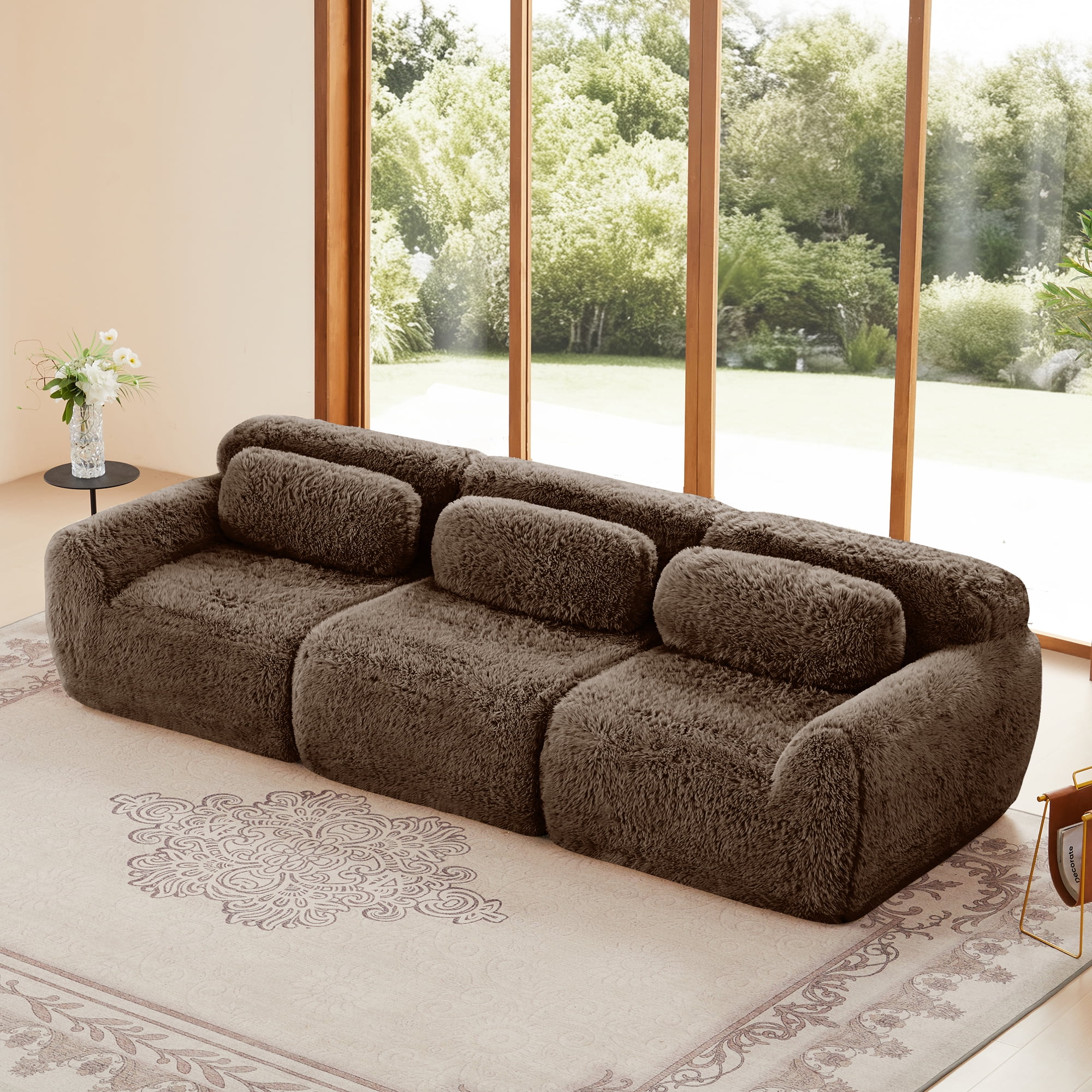 Aukfa 115" Faux Fur Modular Sectional Sofa, 3-Seater Deep Seat Boneless Couch for Living Room, Brown