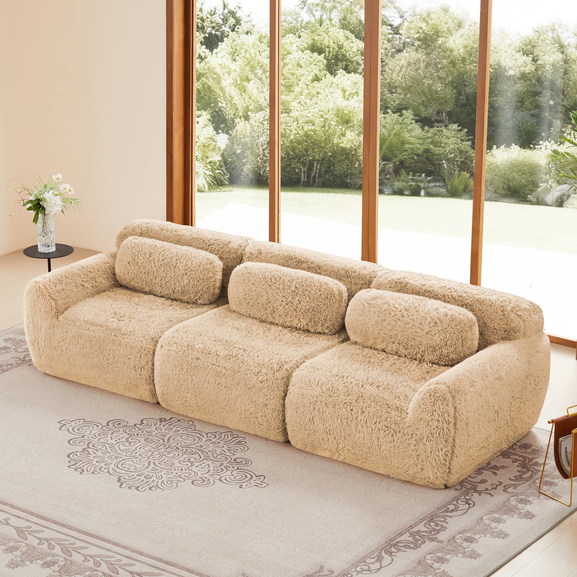 Aukfa 115" Faux Fur Modular Sectional Sofa, 3-Seater Deep Seat Boneless Couch for Living Room, Camel