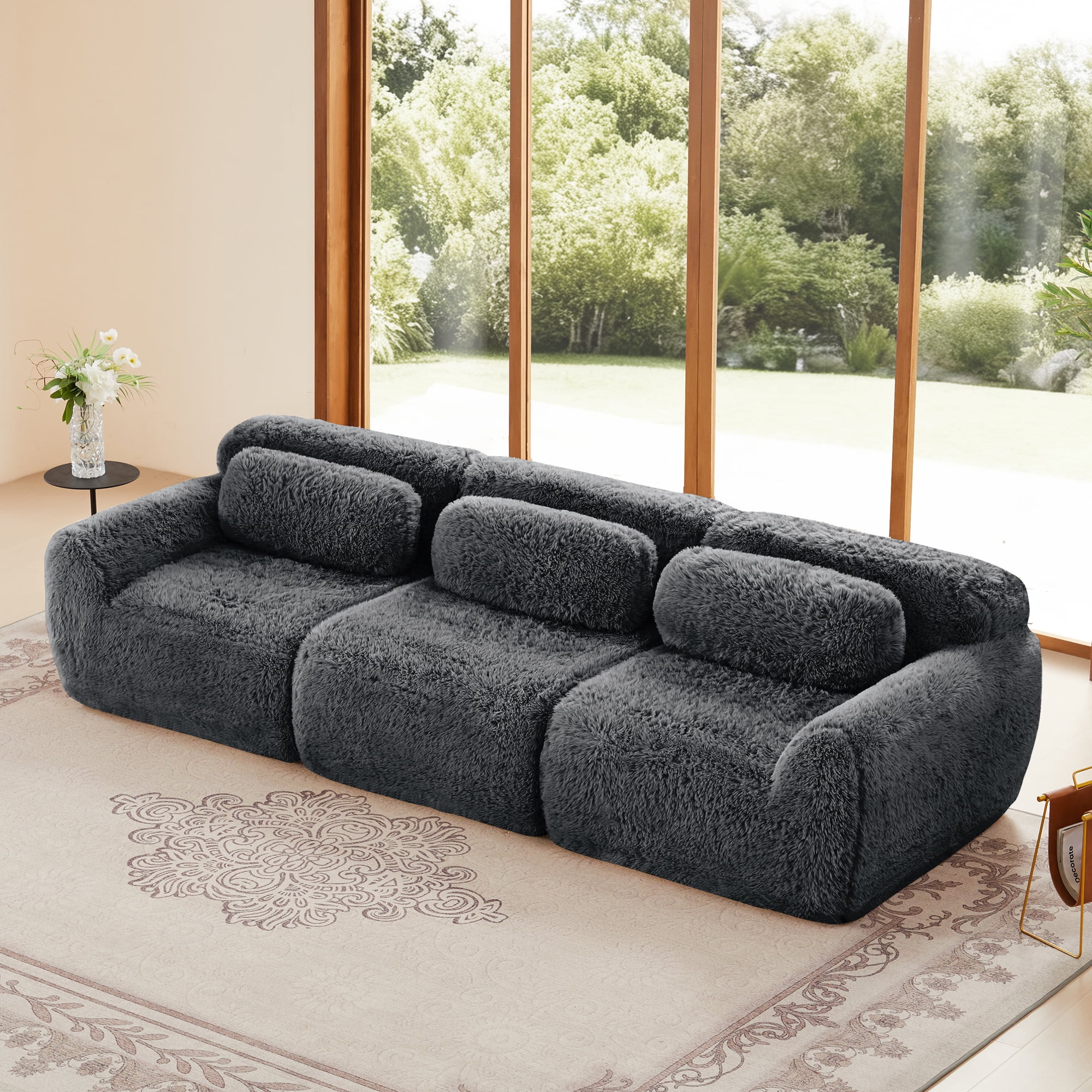 Aukfa 115" Faux Fur Modular Sectional Sofa, 3-Seater Deep Seat Boneless Couch for Living Room, Gray