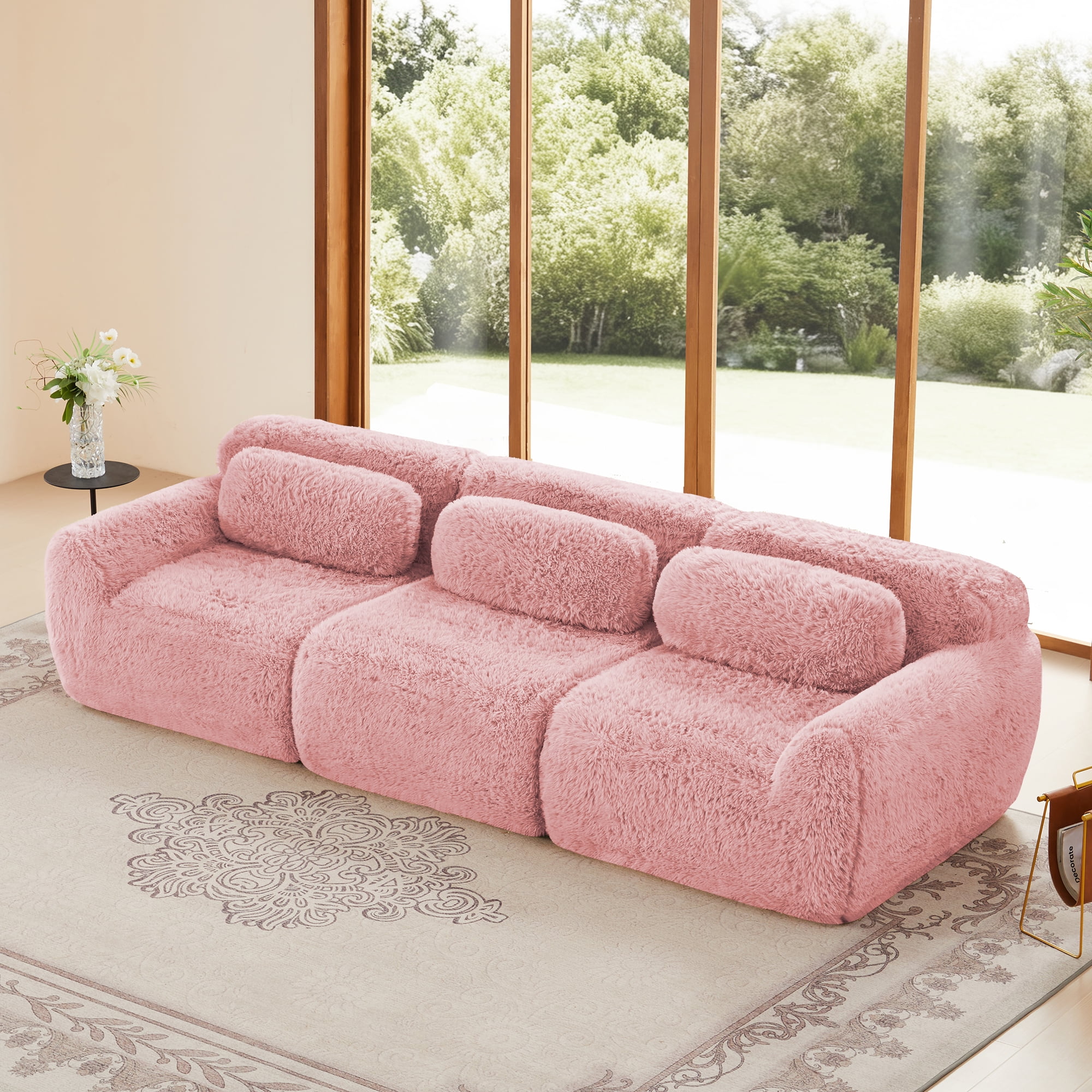 Aukfa 115" Faux Fur Modular Sectional Sofa, 3-Seater Deep Seat Boneless Couch for Living Room, Pink