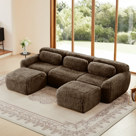 Aukfa 115" Faux Fur Modular Sectional Sofa, 5-Piece Deep Seat U-Shaped Couch with 2 Ottomans, Brown